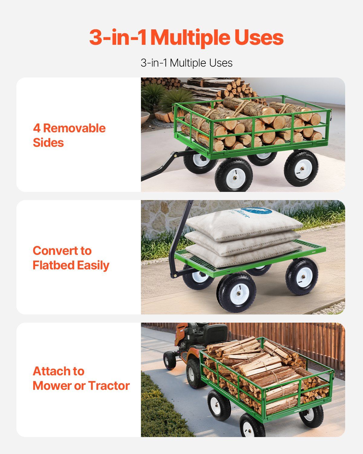 1200 Lbs Steel Garden Cart, Heavy Duty Pullable Garden Wagon Yard Cart, 2 in 1 Outdoor Metal Utility Wagon Yard Trailer with 13