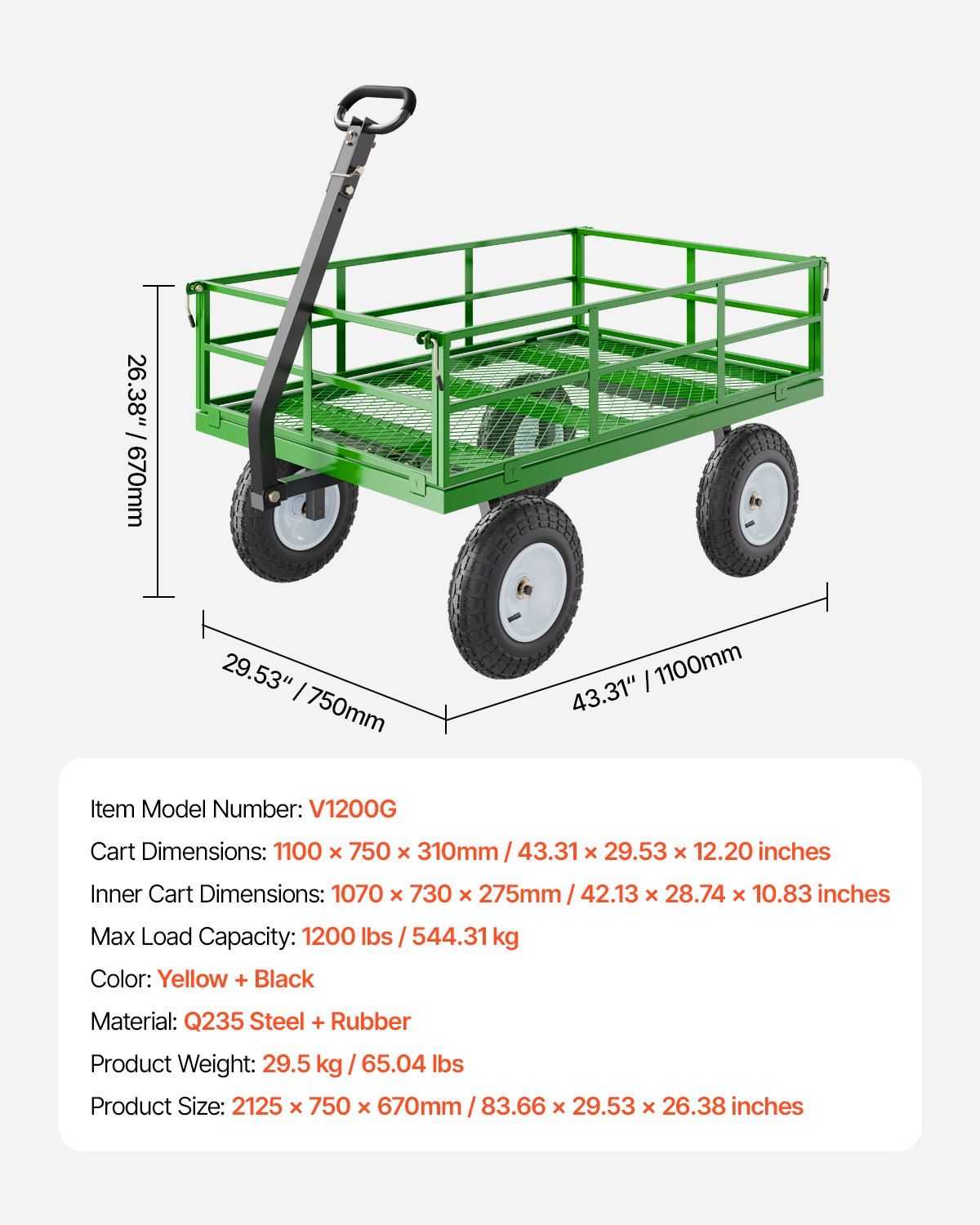 1200 Lbs Steel Garden Cart, Heavy Duty Pullable Garden Wagon Yard Cart, 2 in 1 Outdoor Metal Utility Wagon Yard Trailer with 13