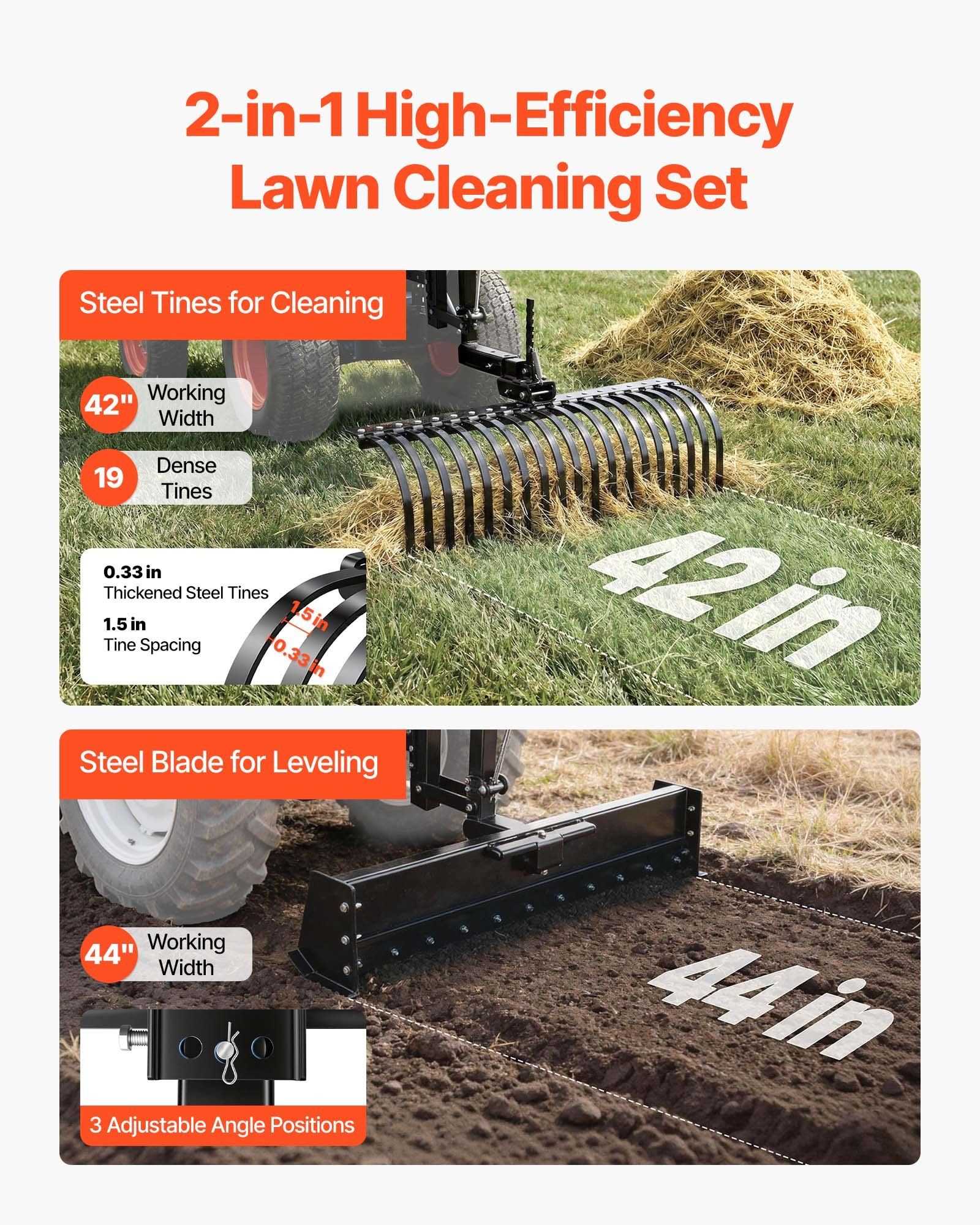 106.7cm Tow Behind Landscape Rake, 3-Point Lawn Rock Rake with Blade & Lift Lever, Fit Category 1 ATVs UTVs Lawn Tractors, Heavy Duty Dethatcher Rake for Debris Leaves Thatch - Image 2