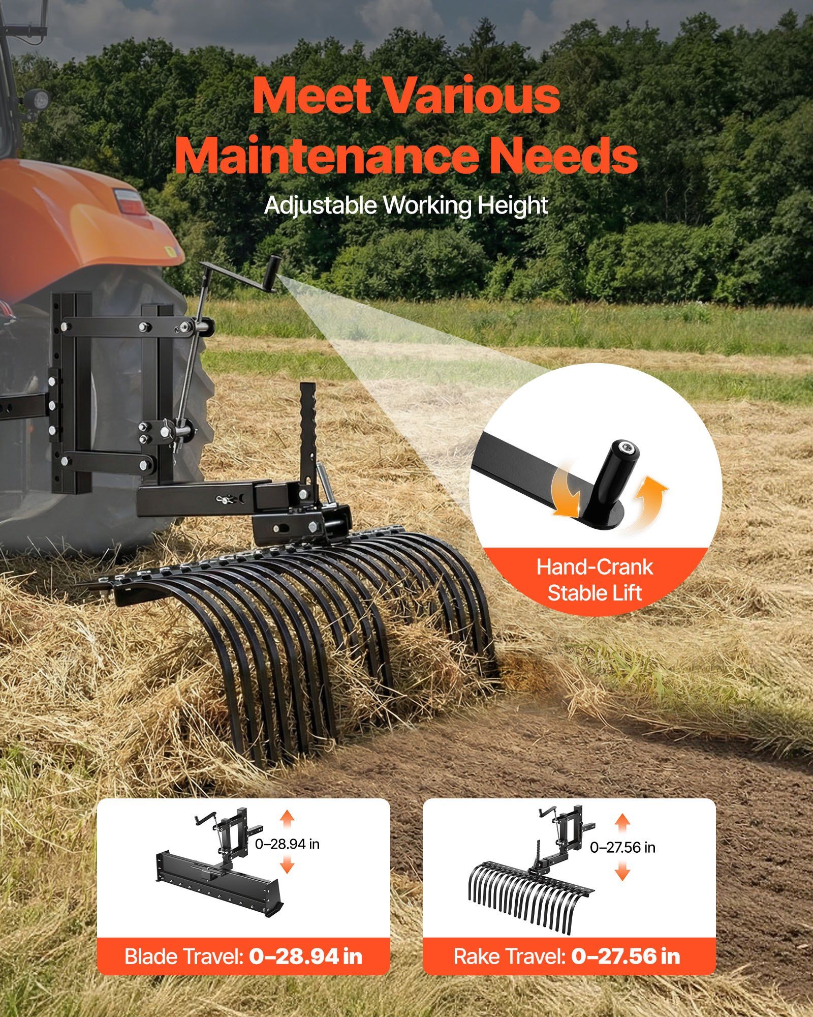 106.7cm Tow Behind Landscape Rake, 3-Point Lawn Rock Rake with Blade & Lift Lever, Fit Category 1 ATVs UTVs Lawn Tractors, Heavy Duty Dethatcher Rake for Debris Leaves Thatch - Image 4