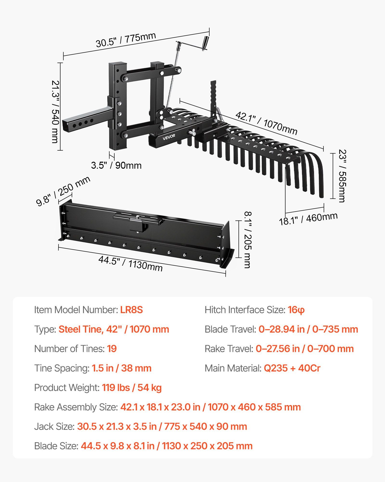 106.7cm Tow Behind Landscape Rake, 3-Point Lawn Rock Rake with Blade & Lift Lever, Fit Category 1 ATVs UTVs Lawn Tractors, Heavy Duty Dethatcher Rake for Debris Leaves Thatch - Image 7