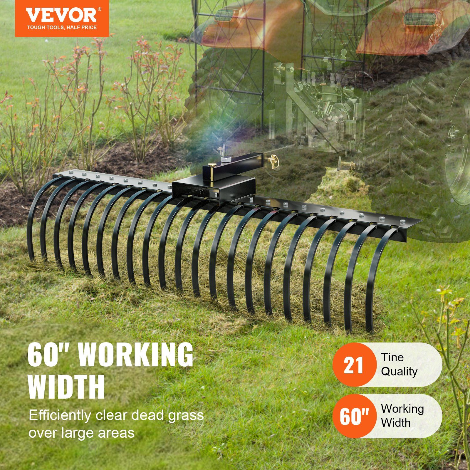 Tow Behind Landscape Rake, 1.5m Tow Dethatcher with 21 Steel Coil Tines, Lawn Dethatcher Rake Attaches to 1.2m or 15m Toolbars and 3-point Suspension Systems, for Leaves, Pine Needles, and Grass - Image 2