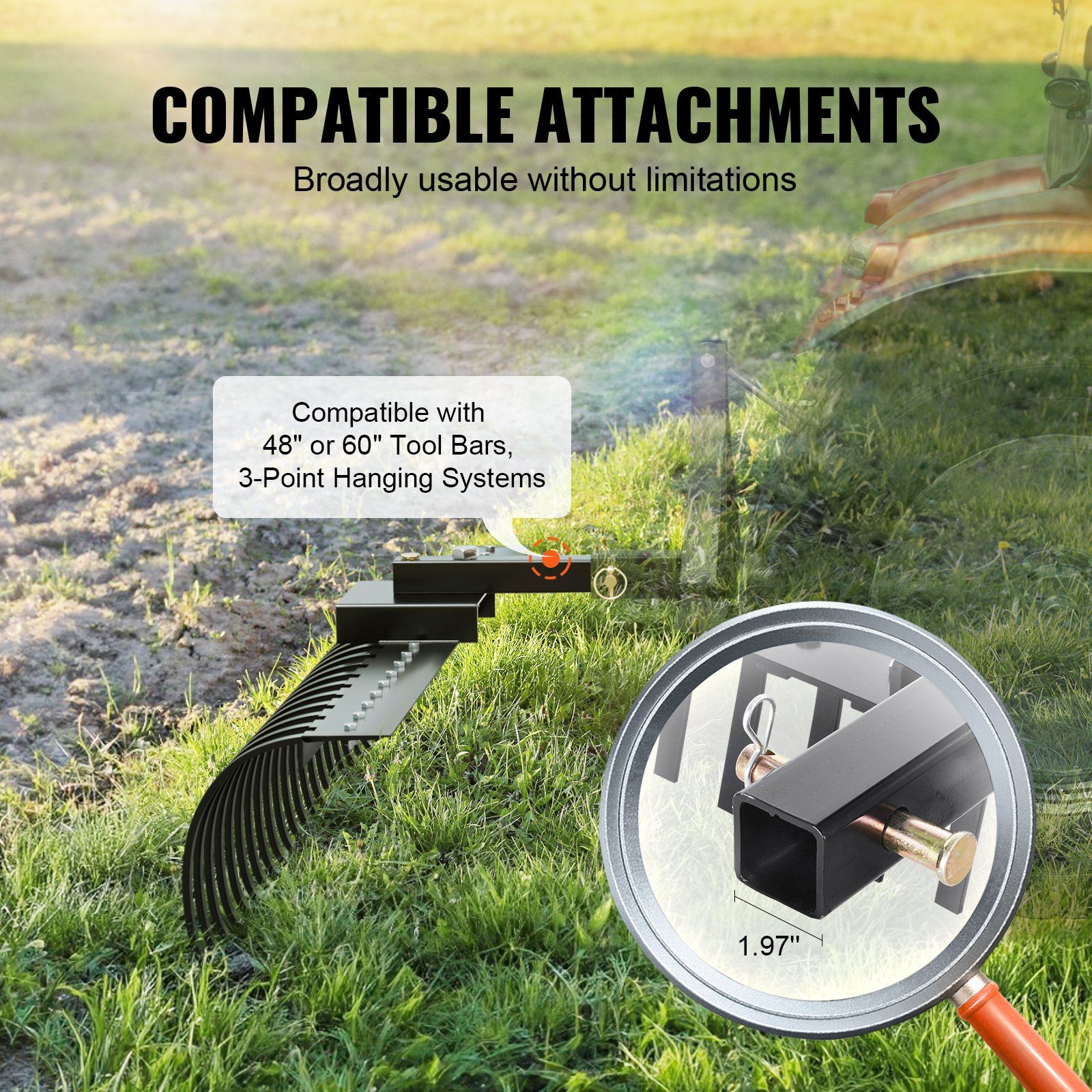 Tow Behind Landscape Rake, 1.5m Tow Dethatcher with 21 Steel Coil Tines, Lawn Dethatcher Rake Attaches to 1.2m or 15m Toolbars and 3-point Suspension Systems, for Leaves, Pine Needles, and Grass - Image 4