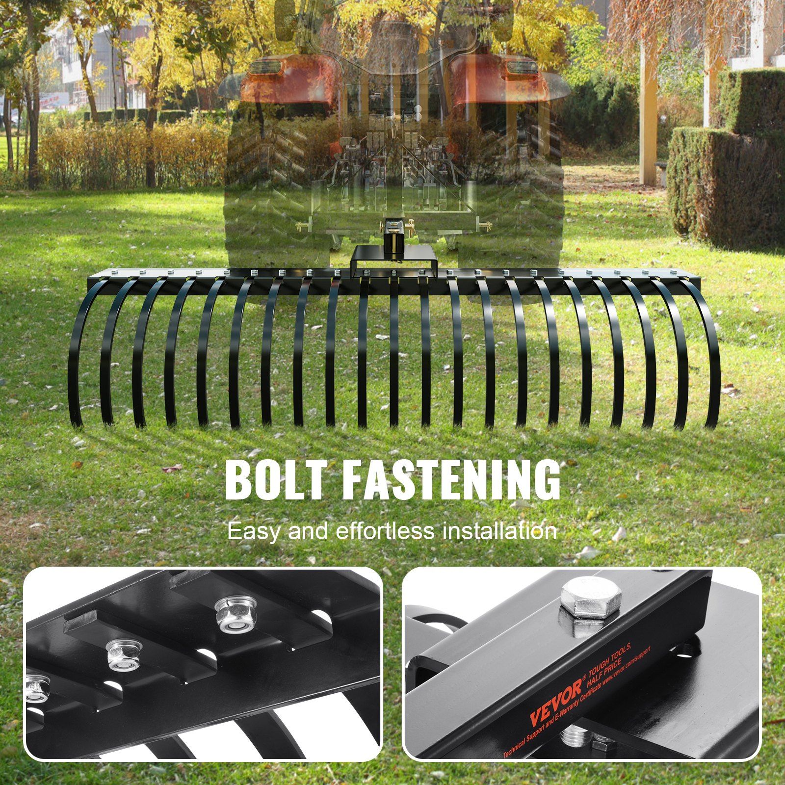 Tow Behind Landscape Rake, 1.5m Tow Dethatcher with 21 Steel Coil Tines, Lawn Dethatcher Rake Attaches to 1.2m or 15m Toolbars and 3-point Suspension Systems, for Leaves, Pine Needles, and Grass - Image 5