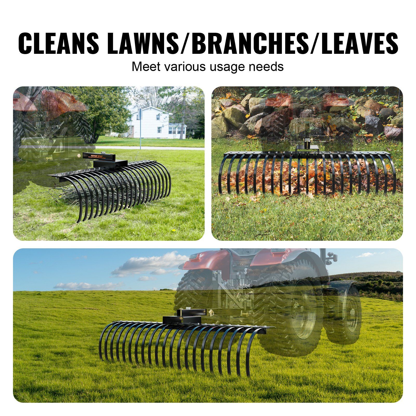 Tow Behind Landscape Rake, 1.5m Tow Dethatcher with 21 Steel Coil Tines, Lawn Dethatcher Rake Attaches to 1.2m or 15m Toolbars and 3-point Suspension Systems, for Leaves, Pine Needles, and Grass - Image 6