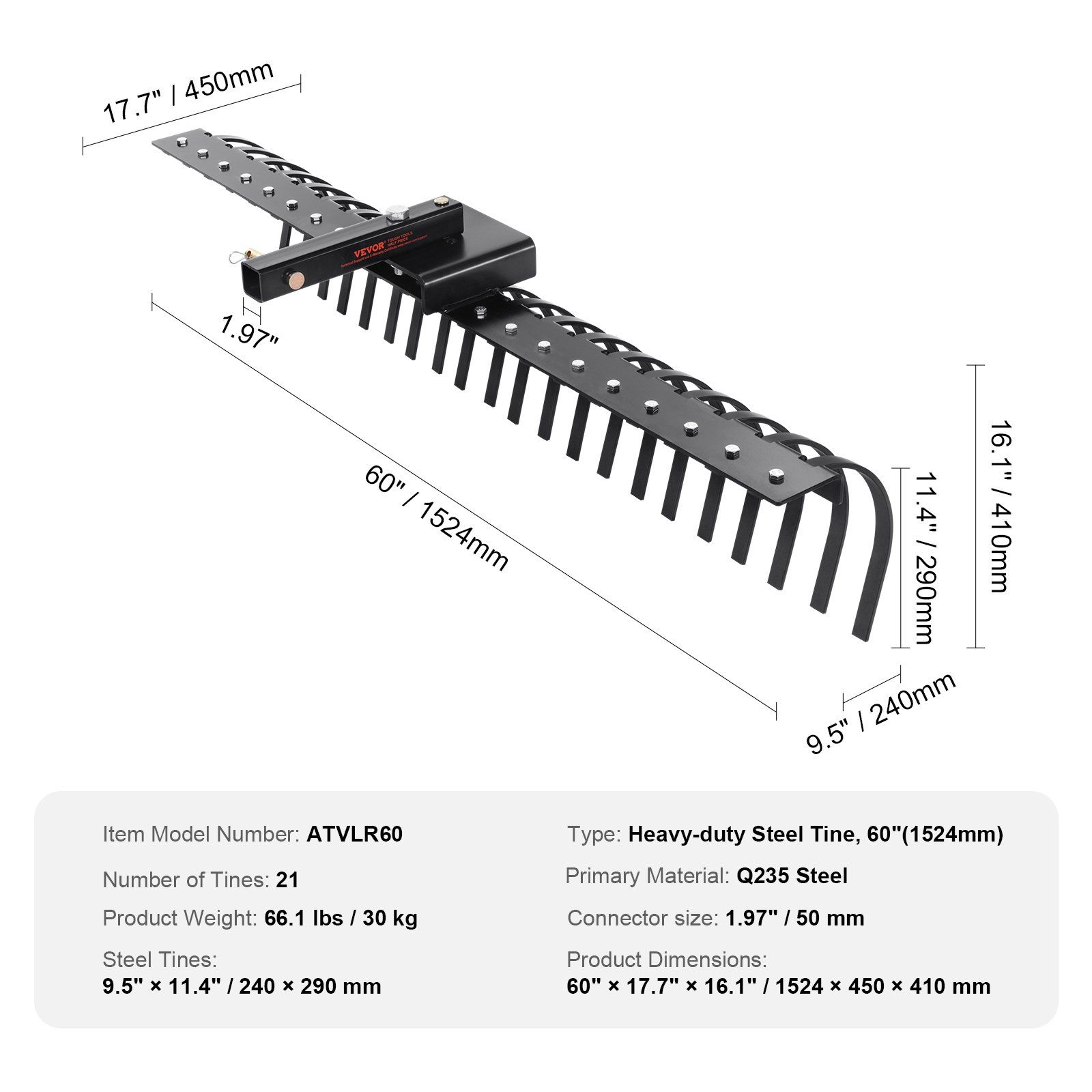 Tow Behind Landscape Rake, 1.5m Tow Dethatcher with 21 Steel Coil Tines, Lawn Dethatcher Rake Attaches to 1.2m or 15m Toolbars and 3-point Suspension Systems, for Leaves, Pine Needles, and Grass - Image 7