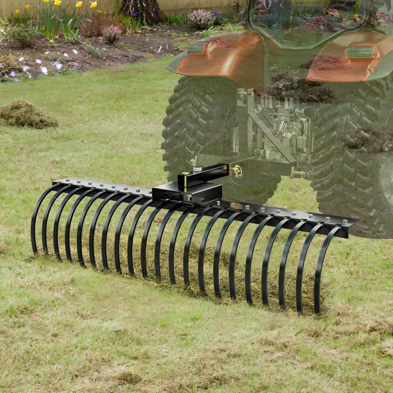 Tow Behind Landscape Rake, 1.5m Tow Dethatcher with 21 Steel Coil Tines, Lawn Dethatcher Rake Attaches to 1.2m or 15m Toolbars and 3-point Suspension Systems, for Leaves, Pine Needles, and Grass - Image 8