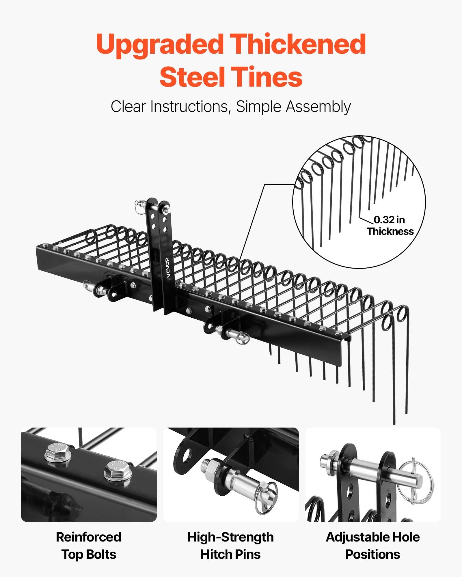 150 cm Tow Behind Landscape Rake, 3 Point Hitch Lawn Dethatcher Rake, 26 Spring Steel Tines, for Category 1 Tractors, Heavy Duty & Rust-Resistant Rakes Tractor Attachments for Leaves Pine Needles - Image 3