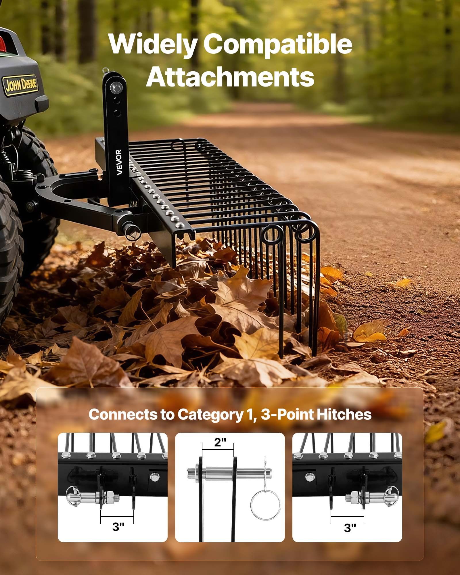 150 cm Tow Behind Landscape Rake, 3 Point Hitch Lawn Dethatcher Rake, 26 Spring Steel Tines, for Category 1 Tractors, Heavy Duty & Rust-Resistant Rakes Tractor Attachments for Leaves Pine Needles - Image 4