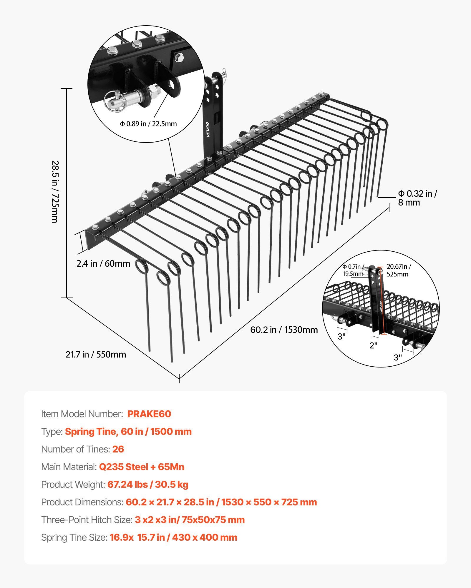 150 cm Tow Behind Landscape Rake, 3 Point Hitch Lawn Dethatcher Rake, 26 Spring Steel Tines, for Category 1 Tractors, Heavy Duty & Rust-Resistant Rakes Tractor Attachments for Leaves Pine Needles - Image 7
