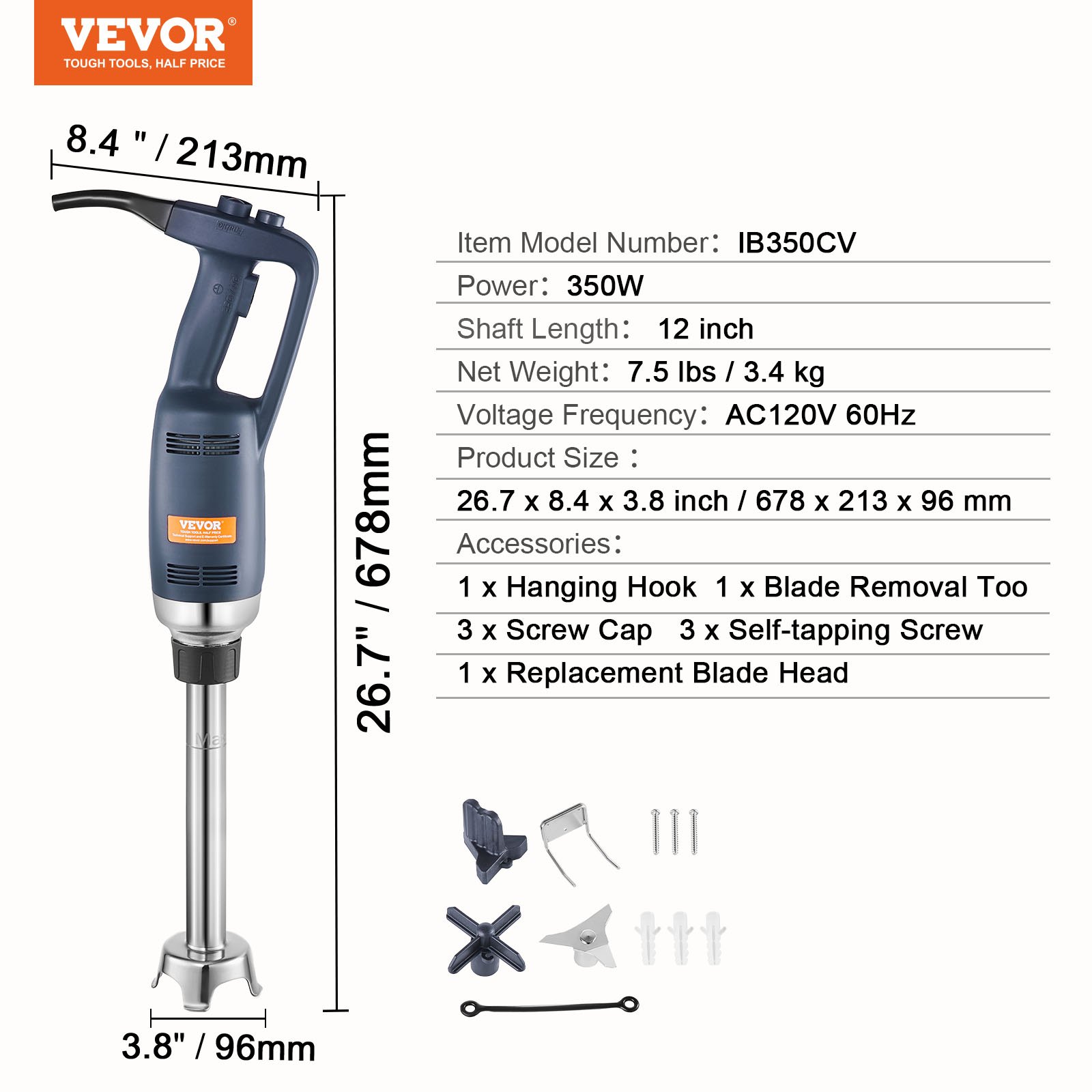 Commercial Immersion Blender, 350W Heavy Duty Hand Mixer, 12 inch Stepless Variable Speed Mixer with Stainless Steel Blade, Multi-Purpose Portable Mixer for Soup, Sauces, Mashed Potatoes, Cream - Image 7
