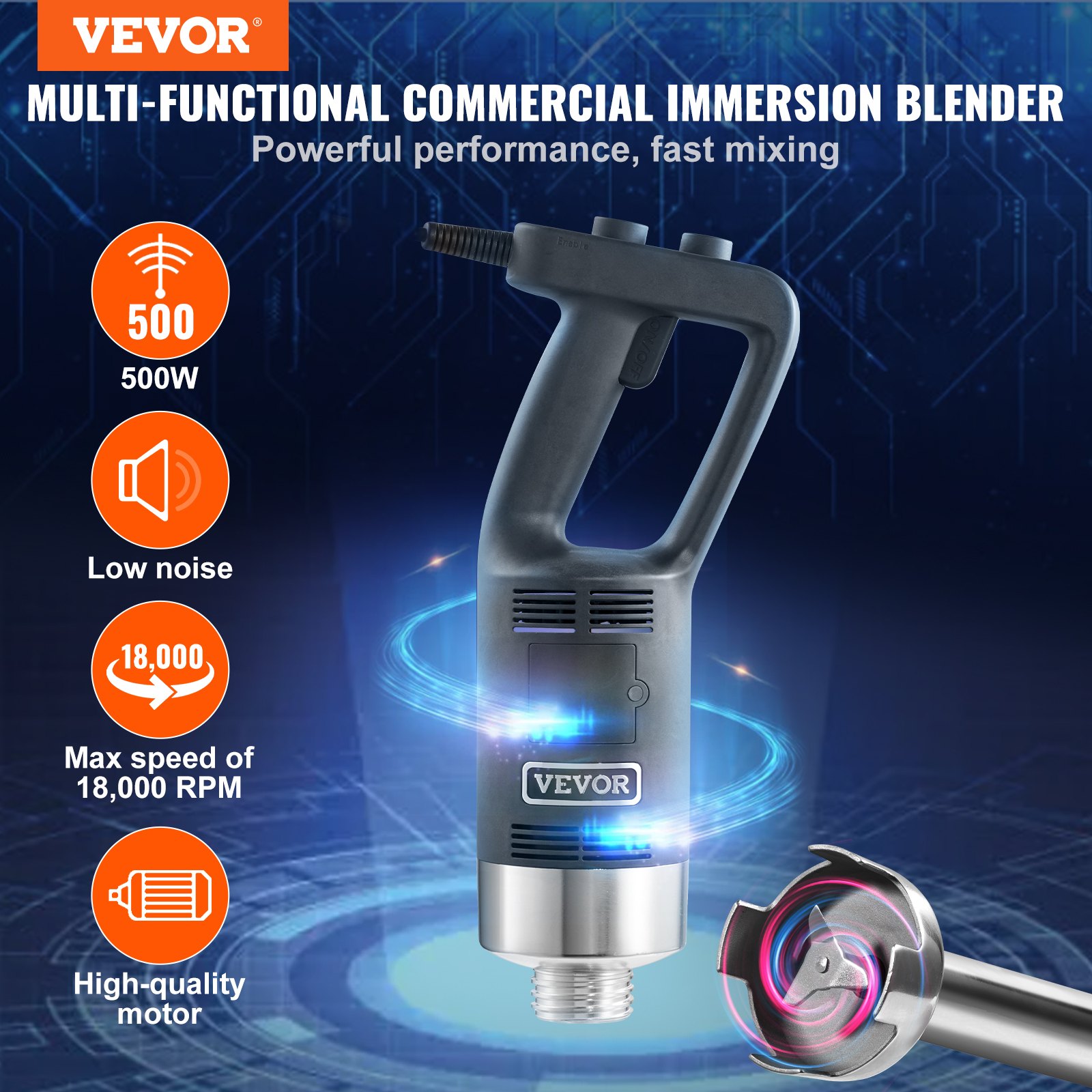 Commercial Immersion Blender, 500 Watt Heavy Duty Hand Mixer, Variable Speed Kitchen Stick Mixer with 304 Stainless Steel Blade, Multi-Purpose Portable Mixer for Soup, Smoothie, Puree, Baby Food - Image 2