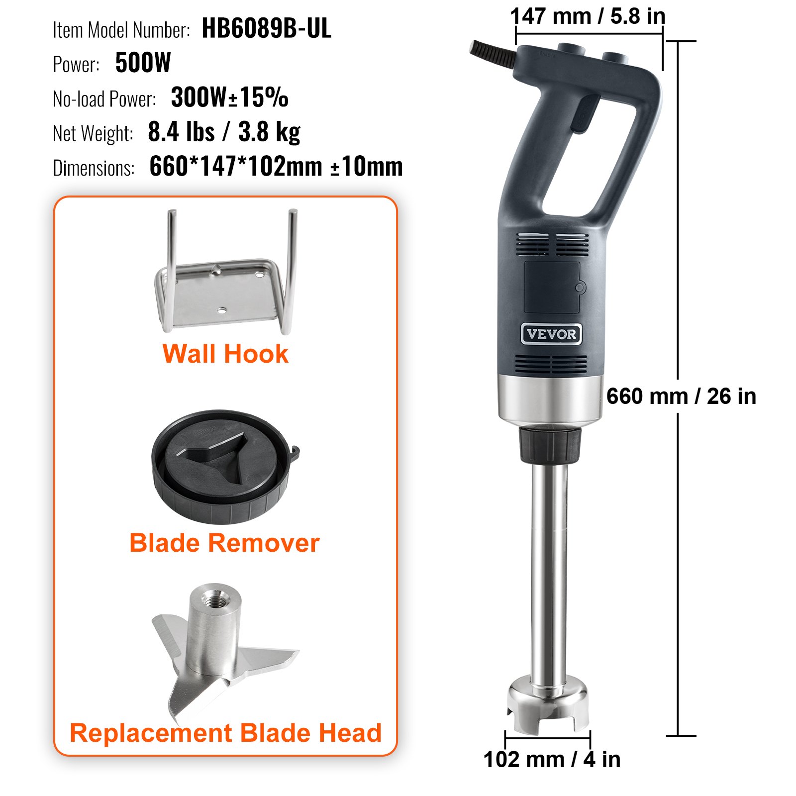Commercial Immersion Blender, 500 Watt Heavy Duty Hand Mixer, Variable Speed Kitchen Stick Mixer with 304 Stainless Steel Blade, Multi-Purpose Portable Mixer for Soup, Smoothie, Puree, Baby Food - Image 7