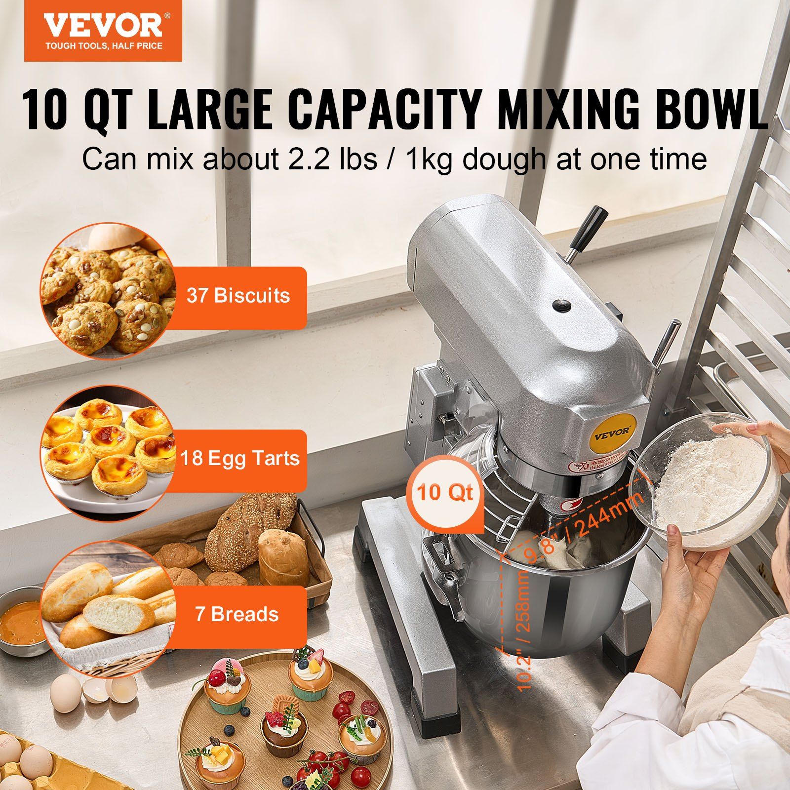 Commercial Food Mixer, 10L Commercial Stand Mixer with 3 Adjustable Speeds, 550W Dough Mixer with Stainless Steel Bowl and 3 Mixing Attachments, Ideal for Restaurant, Bakery, Pastry shop, Cafe - Image 2