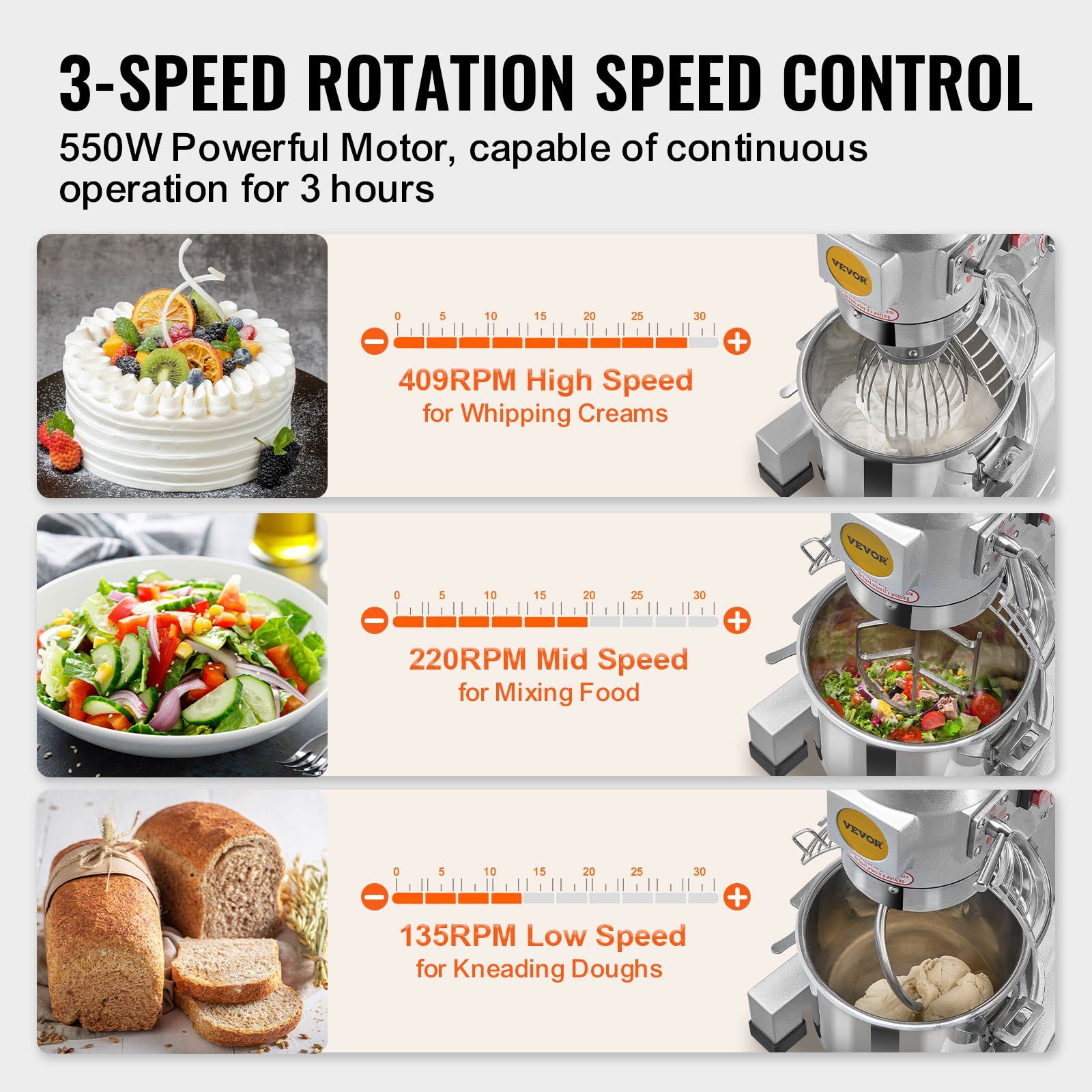 Commercial Food Mixer, 10L Commercial Stand Mixer with 3 Adjustable Speeds, 550W Dough Mixer with Stainless Steel Bowl and 3 Mixing Attachments, Ideal for Restaurant, Bakery, Pastry shop, Cafe - Image 3