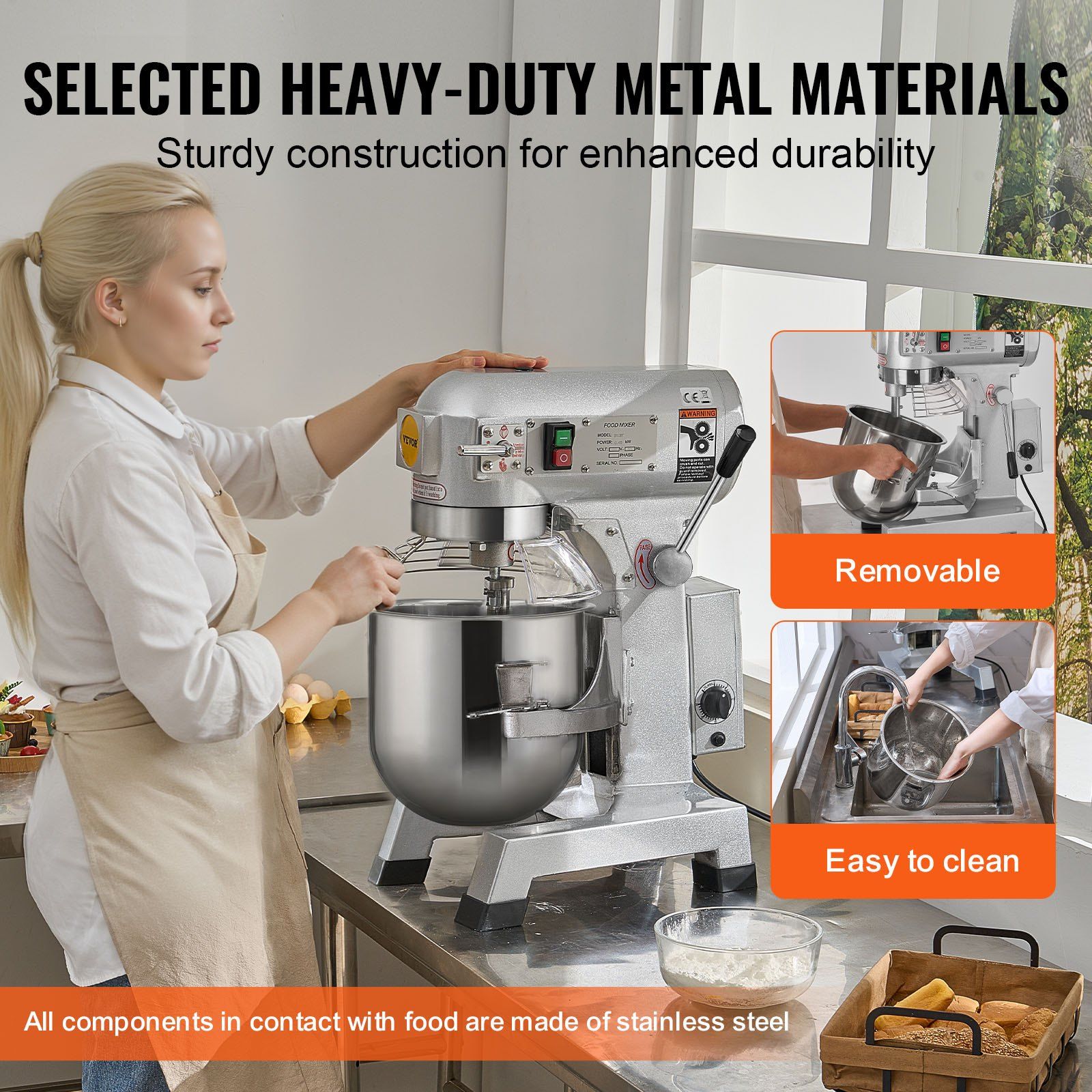 Commercial Food Mixer, 10L Commercial Stand Mixer with 3 Adjustable Speeds, 550W Dough Mixer with Stainless Steel Bowl and 3 Mixing Attachments, Ideal for Restaurant, Bakery, Pastry shop, Cafe - Image 5