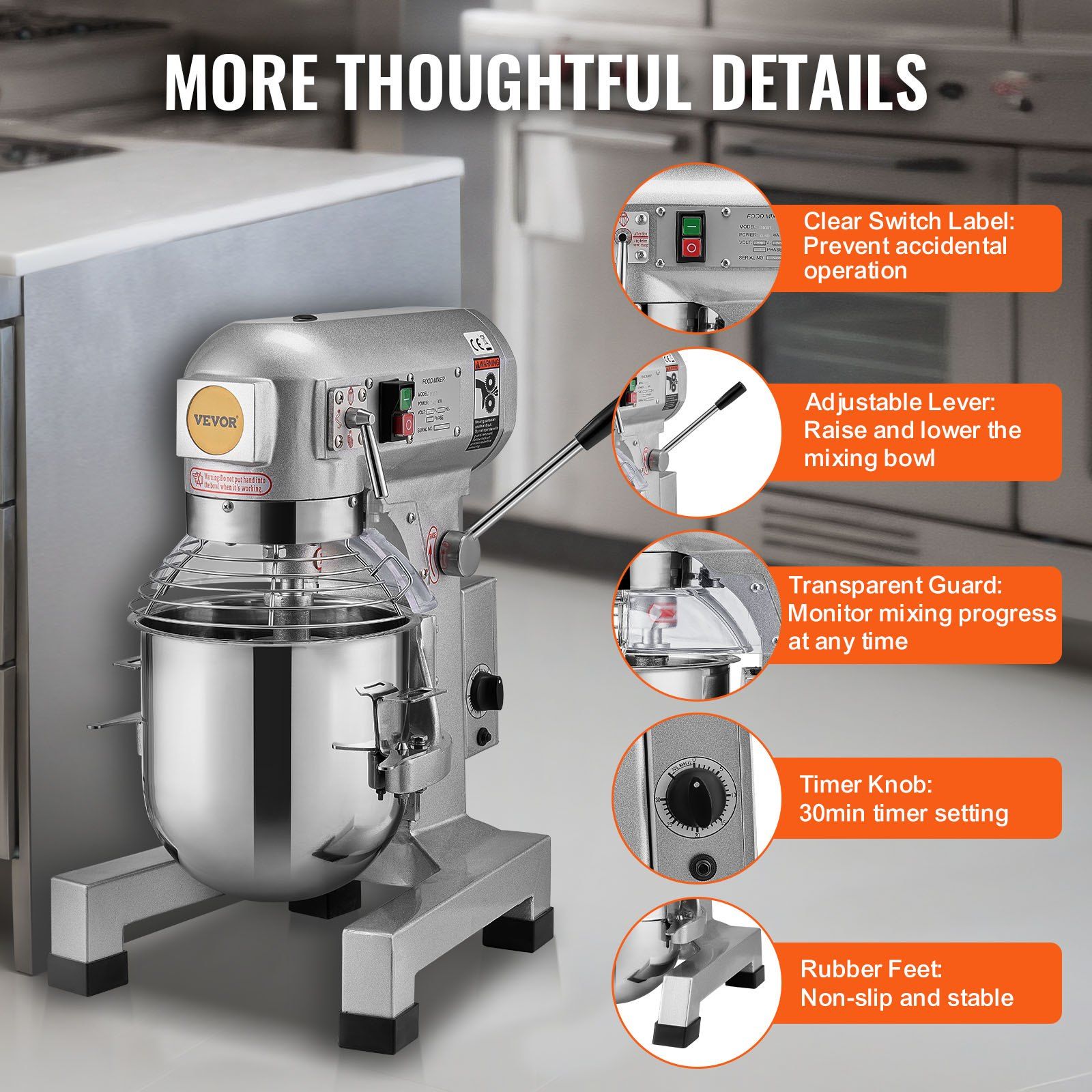 Commercial Food Mixer, 10L Commercial Stand Mixer with 3 Adjustable Speeds, 550W Dough Mixer with Stainless Steel Bowl and 3 Mixing Attachments, Ideal for Restaurant, Bakery, Pastry shop, Cafe - Image 6