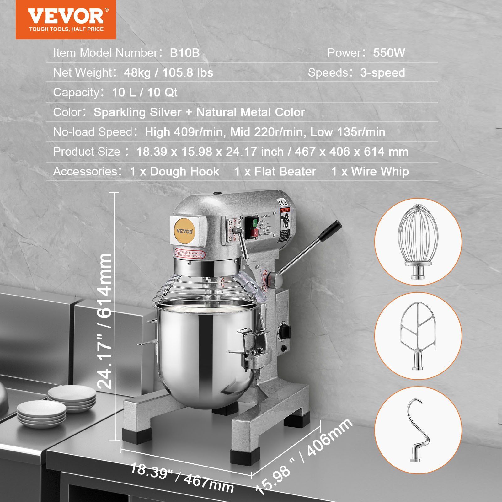 Commercial Food Mixer, 10L Commercial Stand Mixer with 3 Adjustable Speeds, 550W Dough Mixer with Stainless Steel Bowl and 3 Mixing Attachments, Ideal for Restaurant, Bakery, Pastry shop, Cafe - Image 7