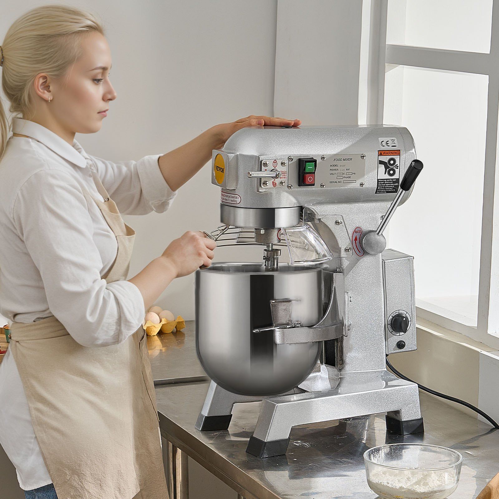 Commercial Food Mixer, 10L Commercial Stand Mixer with 3 Adjustable Speeds, 550W Dough Mixer with Stainless Steel Bowl and 3 Mixing Attachments, Ideal for Restaurant, Bakery, Pastry shop, Cafe - Image 8