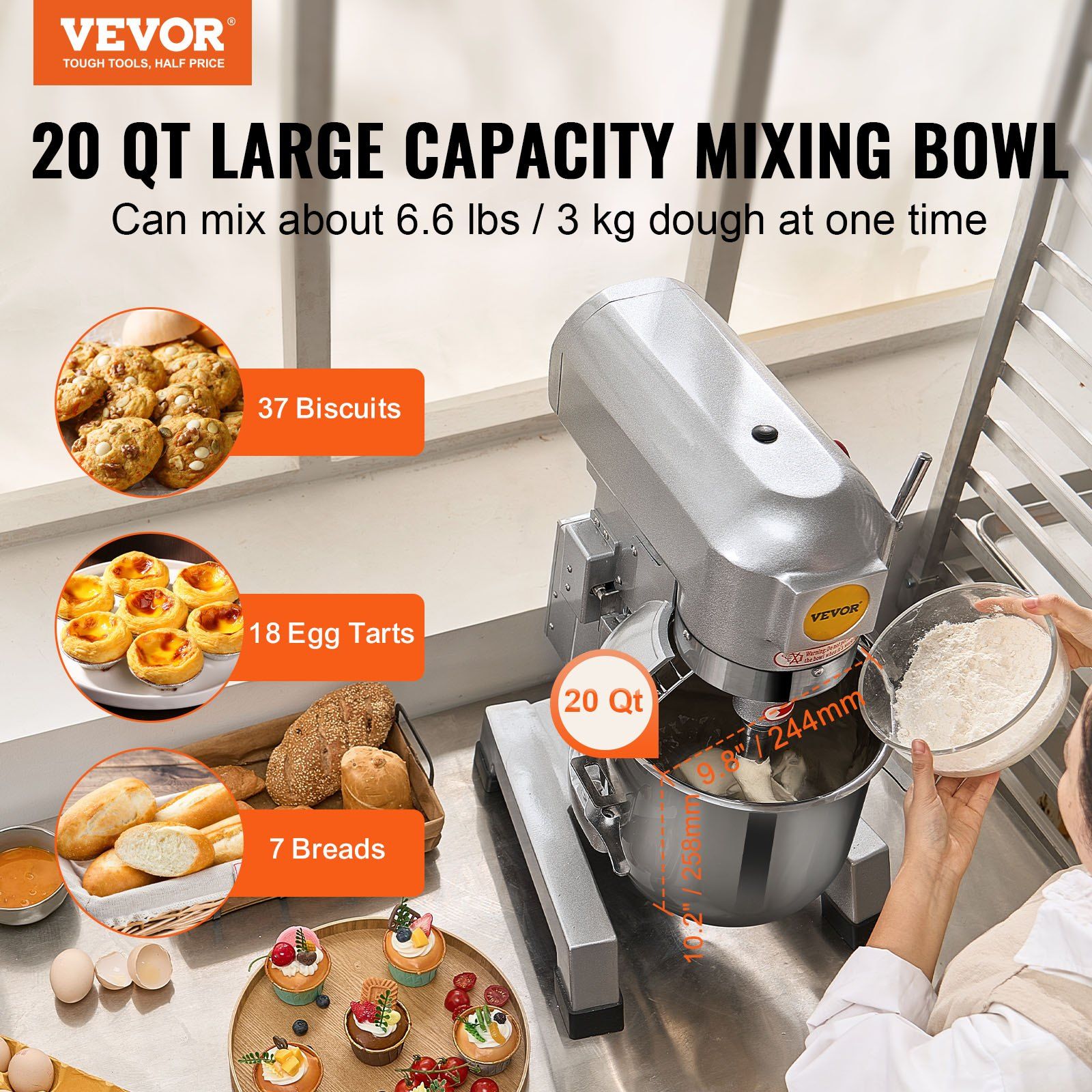 Commercial Food Mixer, 18.7L Commercial Stand Mixer with 3 Adjustable Speeds, 1100W Dough Mixer with Stainless Steel Bowl and 3 Mixing Attachments, Ideal for Restaurant, Bakery, Pastry shop, Caf - Image 2