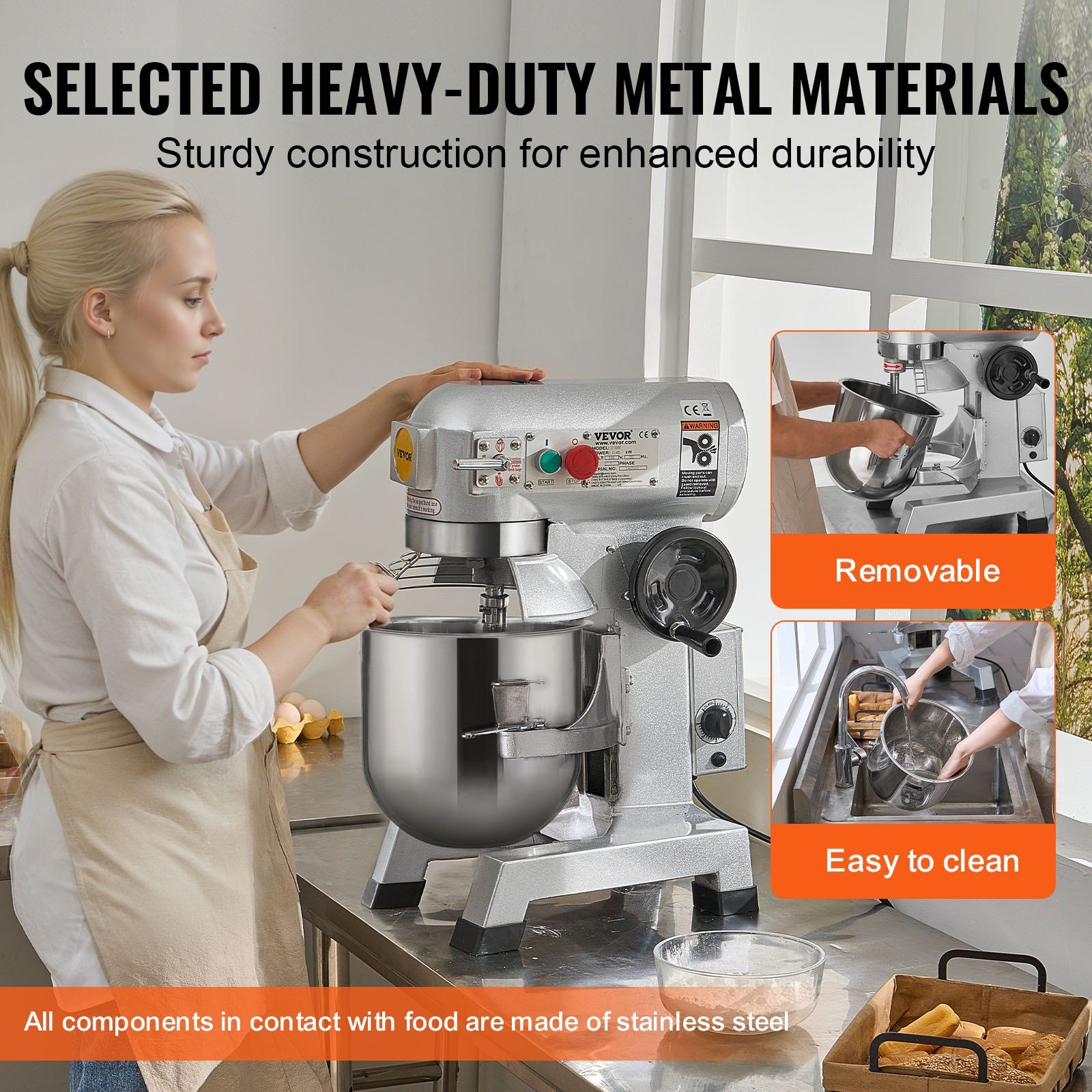Commercial Food Mixer, 18.7L Commercial Stand Mixer with 3 Adjustable Speeds, 1100W Dough Mixer with Stainless Steel Bowl and 3 Mixing Attachments, Ideal for Restaurant, Bakery, Pastry shop, Caf - Image 5