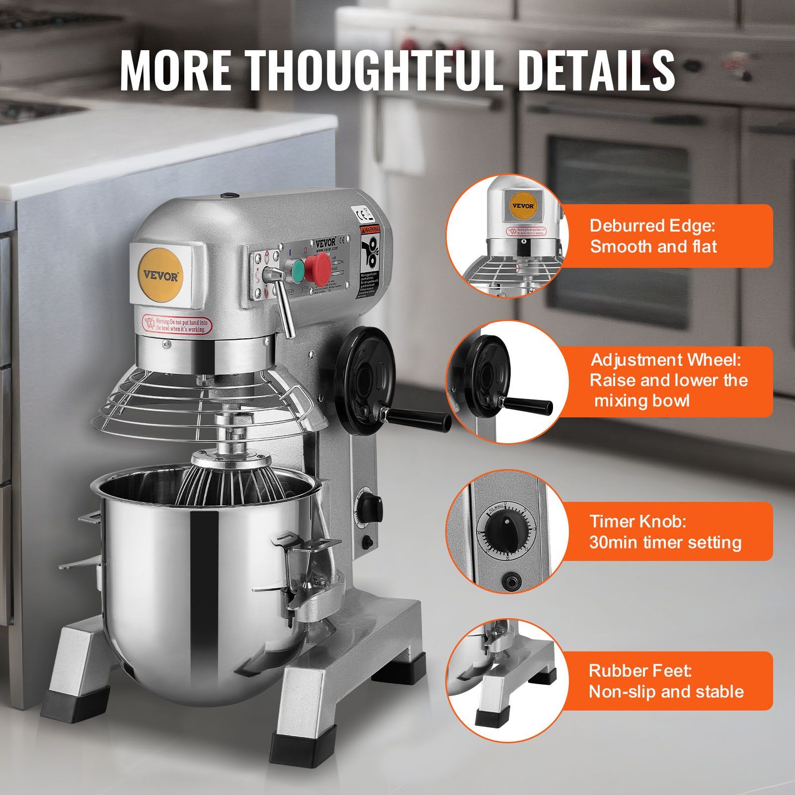 Commercial Food Mixer, 18.7L Commercial Stand Mixer with 3 Adjustable Speeds, 1100W Dough Mixer with Stainless Steel Bowl and 3 Mixing Attachments, Ideal for Restaurant, Bakery, Pastry shop, Caf - Image 6