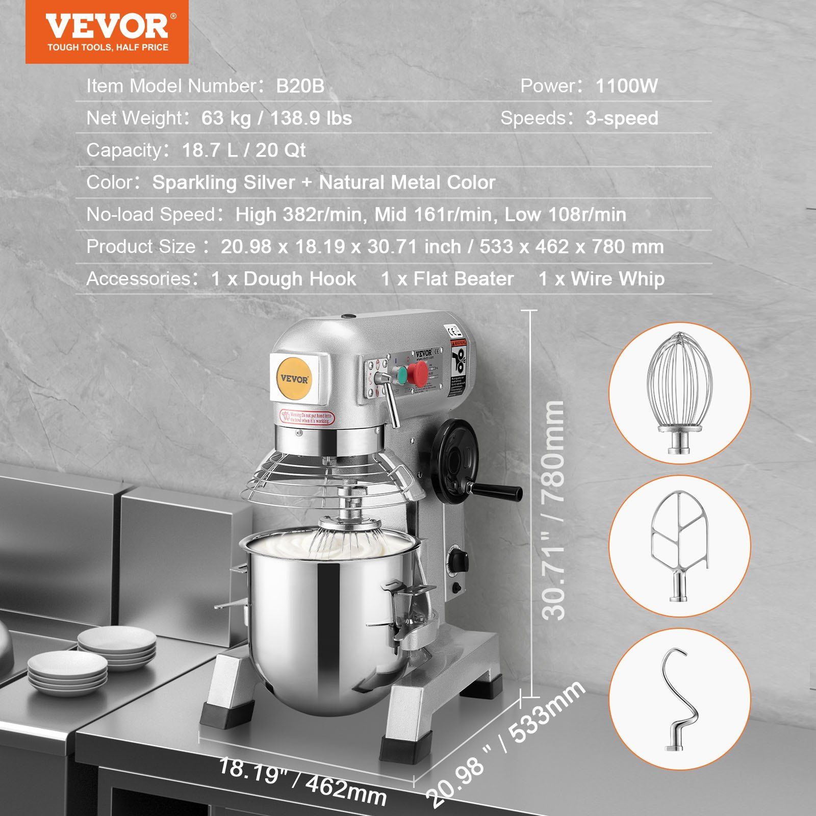 Commercial Food Mixer, 18.7L Commercial Stand Mixer with 3 Adjustable Speeds, 1100W Dough Mixer with Stainless Steel Bowl and 3 Mixing Attachments, Ideal for Restaurant, Bakery, Pastry shop, Caf - Image 7