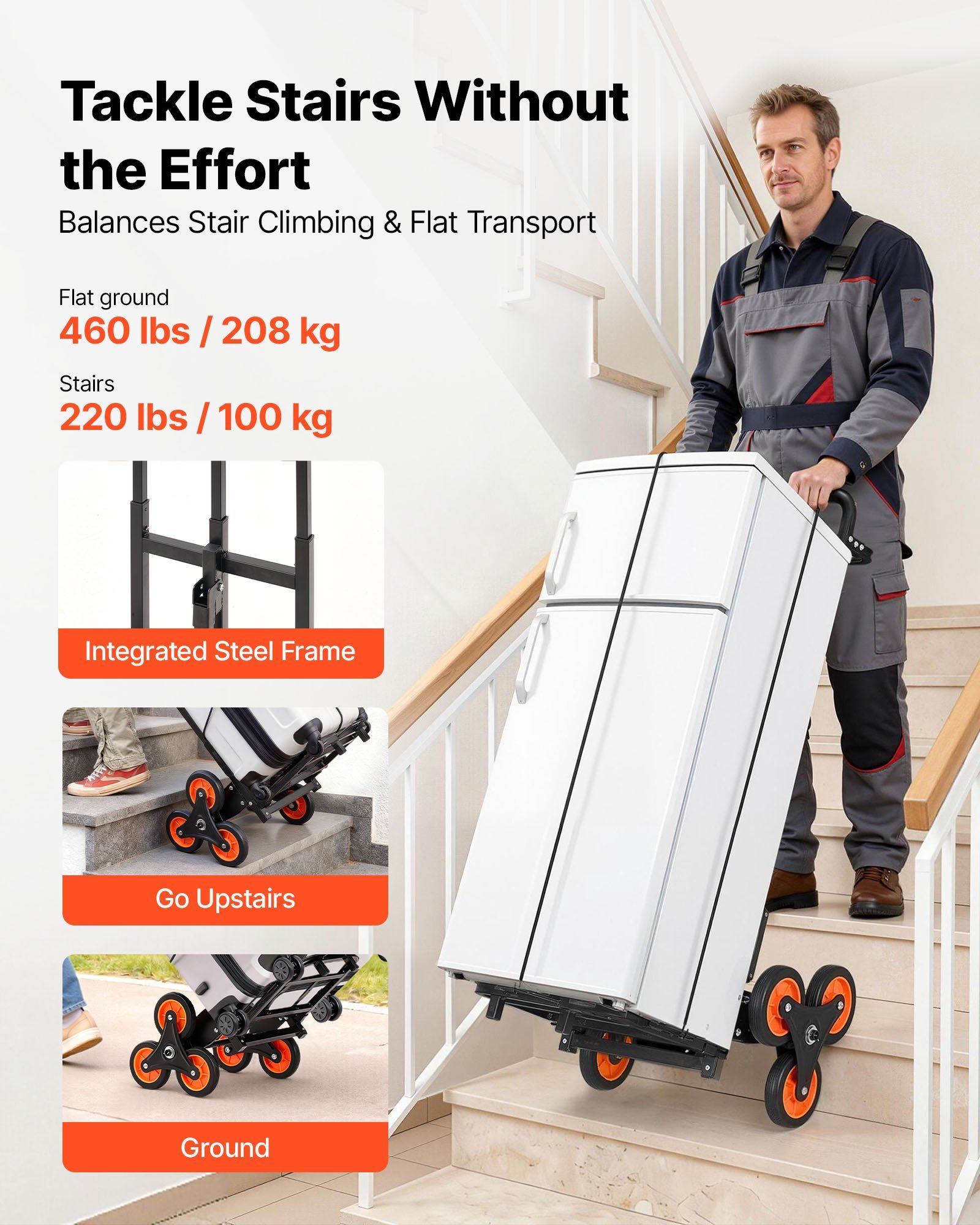 Stair Climbing Cart, 100 kg Stair-Climbing Capacity, Heavy-Duty Folding Trolley Cart with Telescoping Handle, 6 Wheels and 2 Bungee Cords, Stair Climber Dolly for Home, Groceries, Warehouse - Image 2