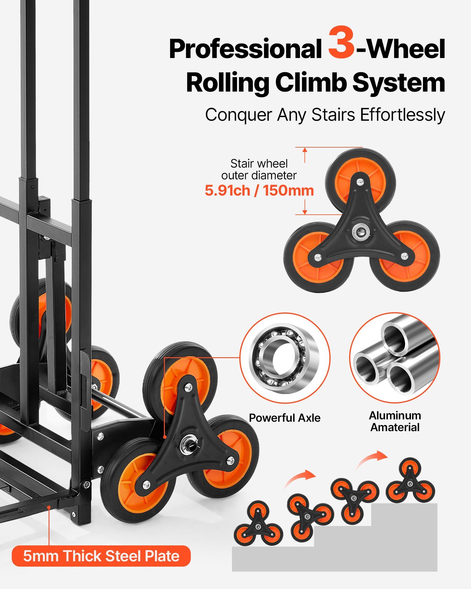 Stair Climbing Cart, 100 kg Stair-Climbing Capacity, Heavy-Duty Folding Trolley Cart with Telescoping Handle, 6 Wheels and 2 Bungee Cords, Stair Climber Dolly for Home, Groceries, Warehouse - Image 3