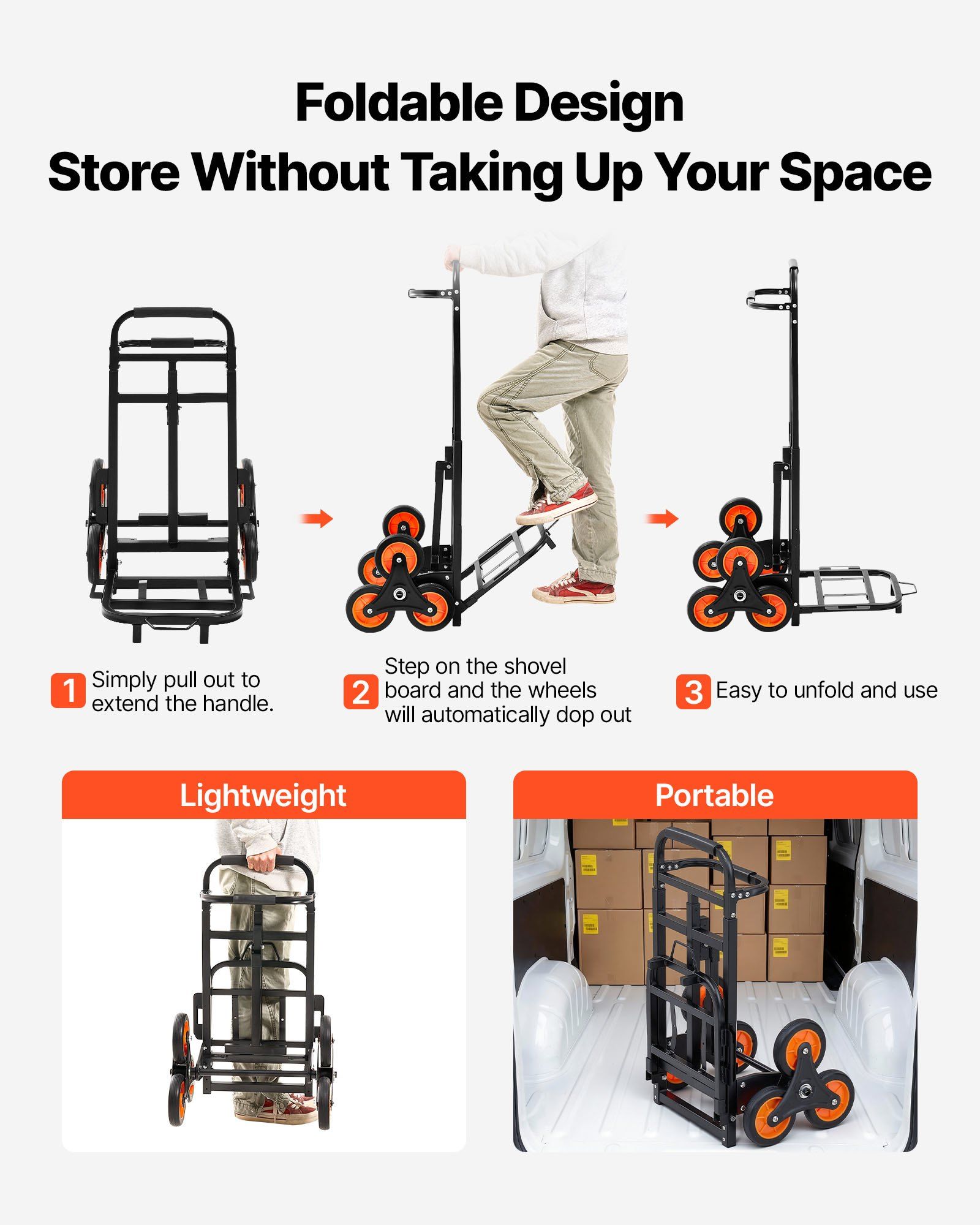 Stair Climbing Cart, 100 kg Stair-Climbing Capacity, Heavy-Duty Folding Trolley Cart with Telescoping Handle, 6 Wheels and 2 Bungee Cords, Stair Climber Dolly for Home, Groceries, Warehouse - Image 4