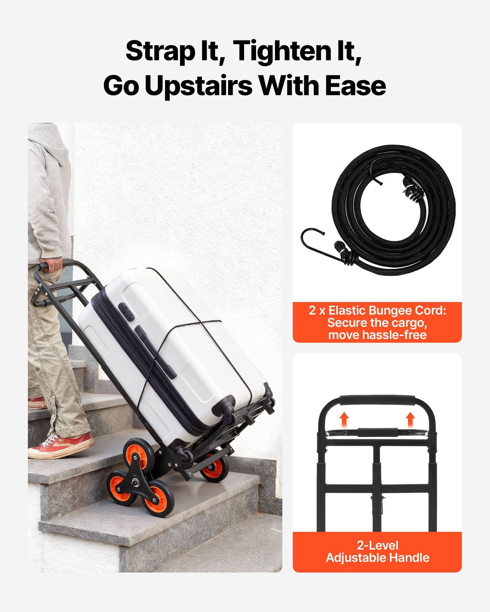 Stair Climbing Cart, 100 kg Stair-Climbing Capacity, Heavy-Duty Folding Trolley Cart with Telescoping Handle, 6 Wheels and 2 Bungee Cords, Stair Climber Dolly for Home, Groceries, Warehouse - Image 5