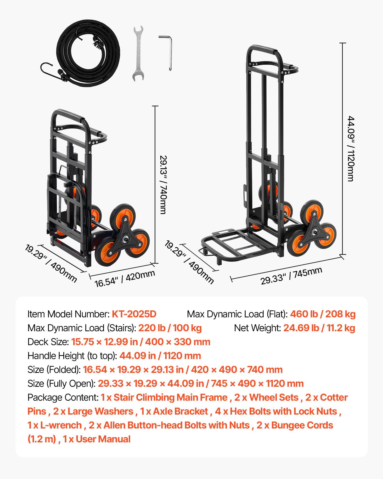 Stair Climbing Cart, 100 kg Stair-Climbing Capacity, Heavy-Duty Folding Trolley Cart with Telescoping Handle, 6 Wheels and 2 Bungee Cords, Stair Climber Dolly for Home, Groceries, Warehouse - Image 7