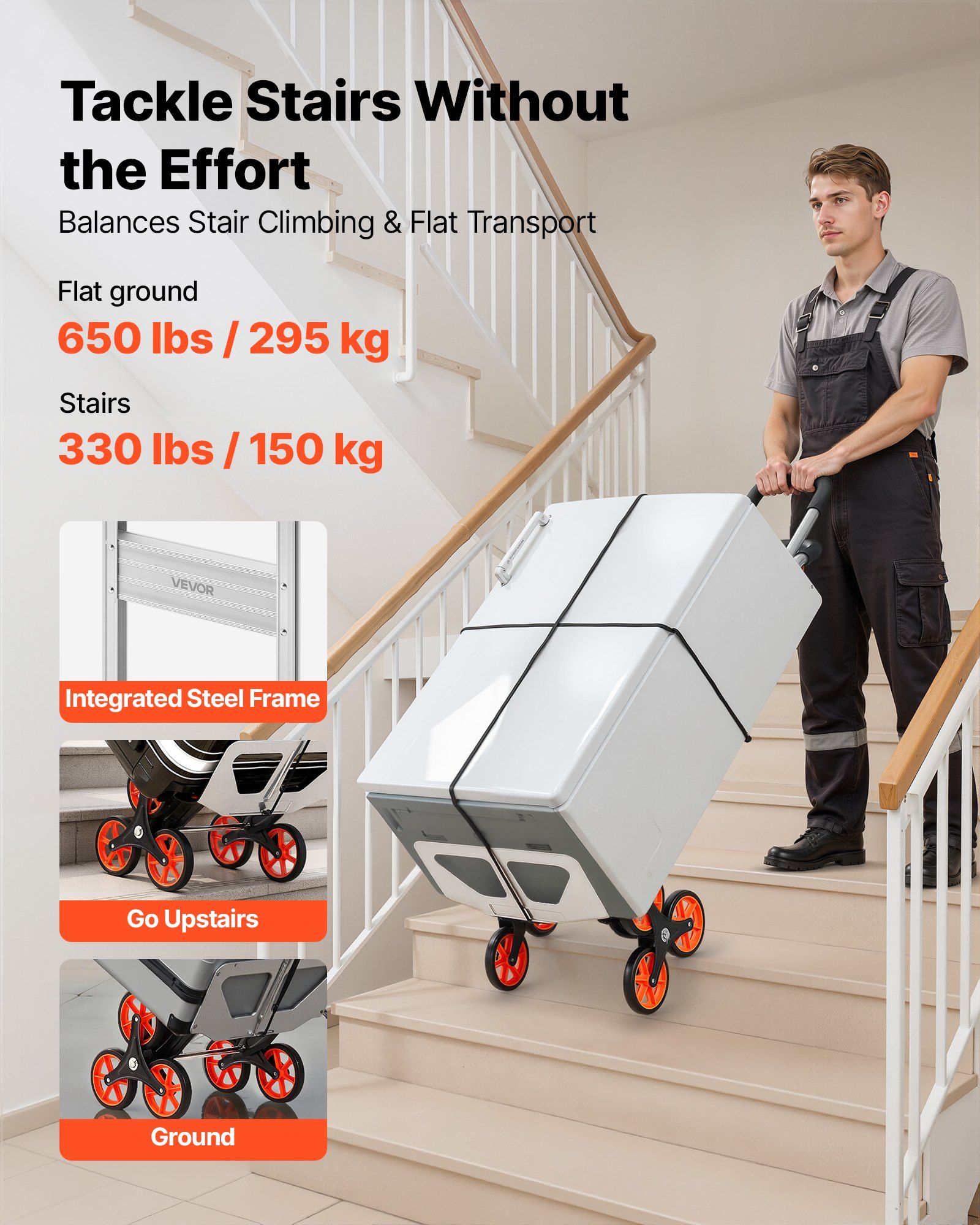 Stair Climbing Cart, 150 kg Stair-Climb Capacity, Aluminum Alloy Folding Trolley Cart with Telescoping Handle, 6 Wheels and 2 Bungee Cords, Stair Climber Dolly for Home, Groceries, Warehouse - Image 2