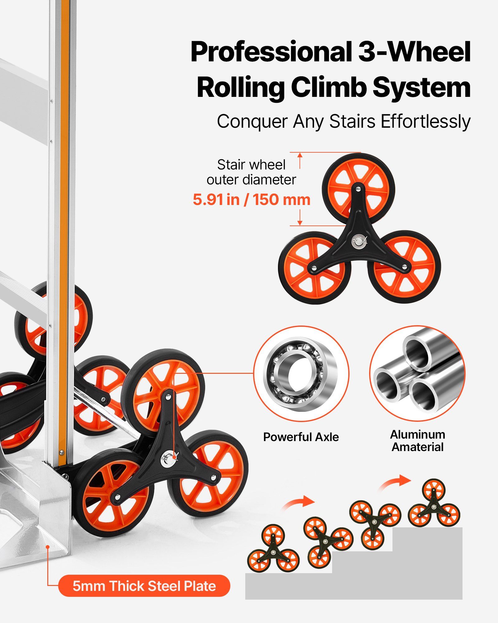 Stair Climbing Cart, 150 kg Stair-Climb Capacity, Aluminum Alloy Folding Trolley Cart with Telescoping Handle, 6 Wheels and 2 Bungee Cords, Stair Climber Dolly for Home, Groceries, Warehouse - Image 3