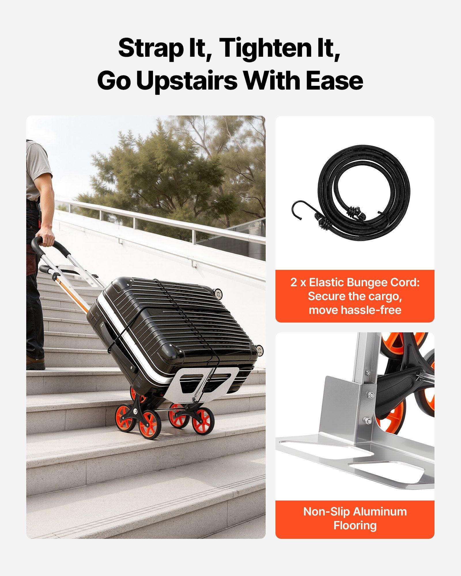 Stair Climbing Cart, 150 kg Stair-Climb Capacity, Aluminum Alloy Folding Trolley Cart with Telescoping Handle, 6 Wheels and 2 Bungee Cords, Stair Climber Dolly for Home, Groceries, Warehouse - Image 5