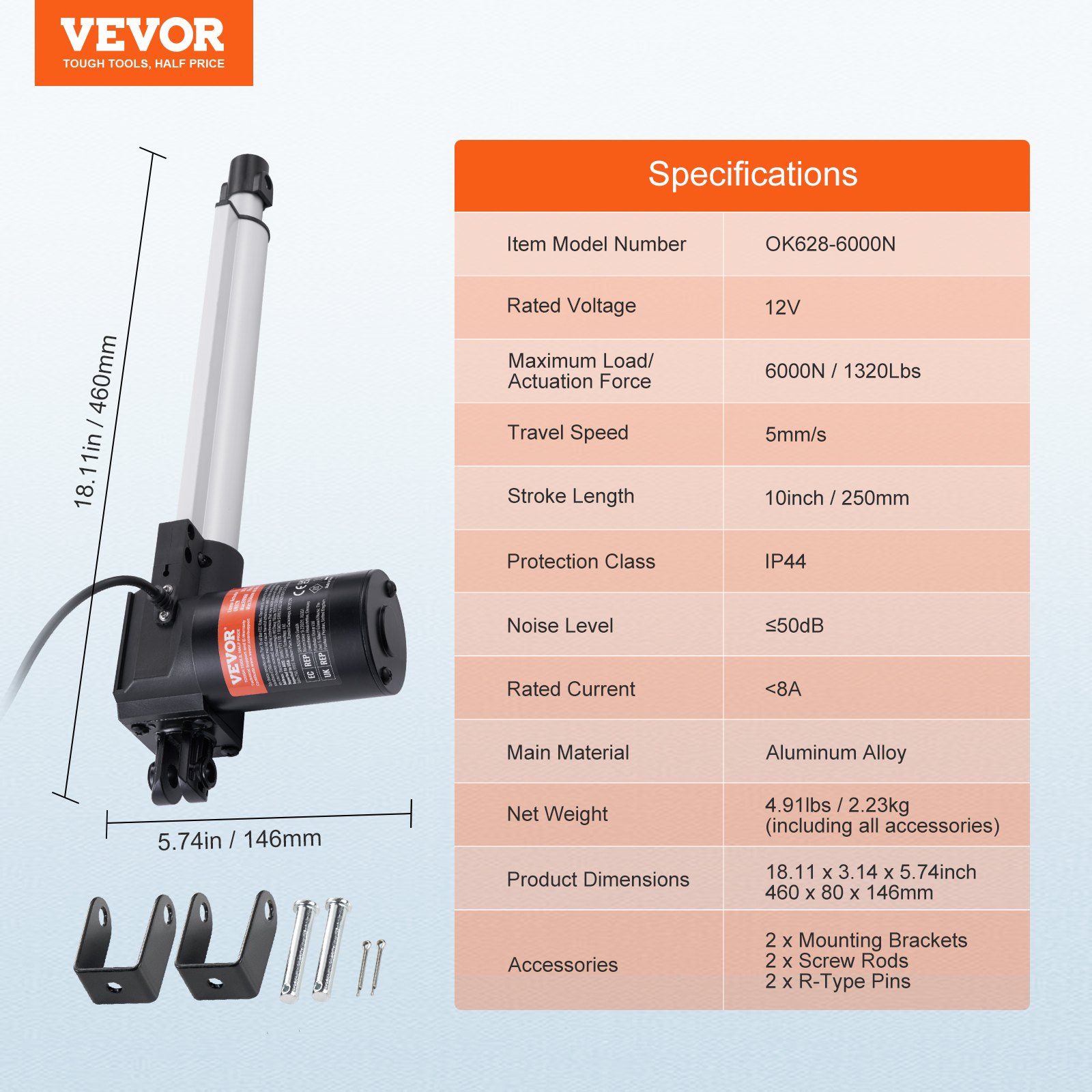 Linear Actuator 12V, 10 Inch Heavy Duty 1320lbs/6000N Linear Actuator, 0.19
