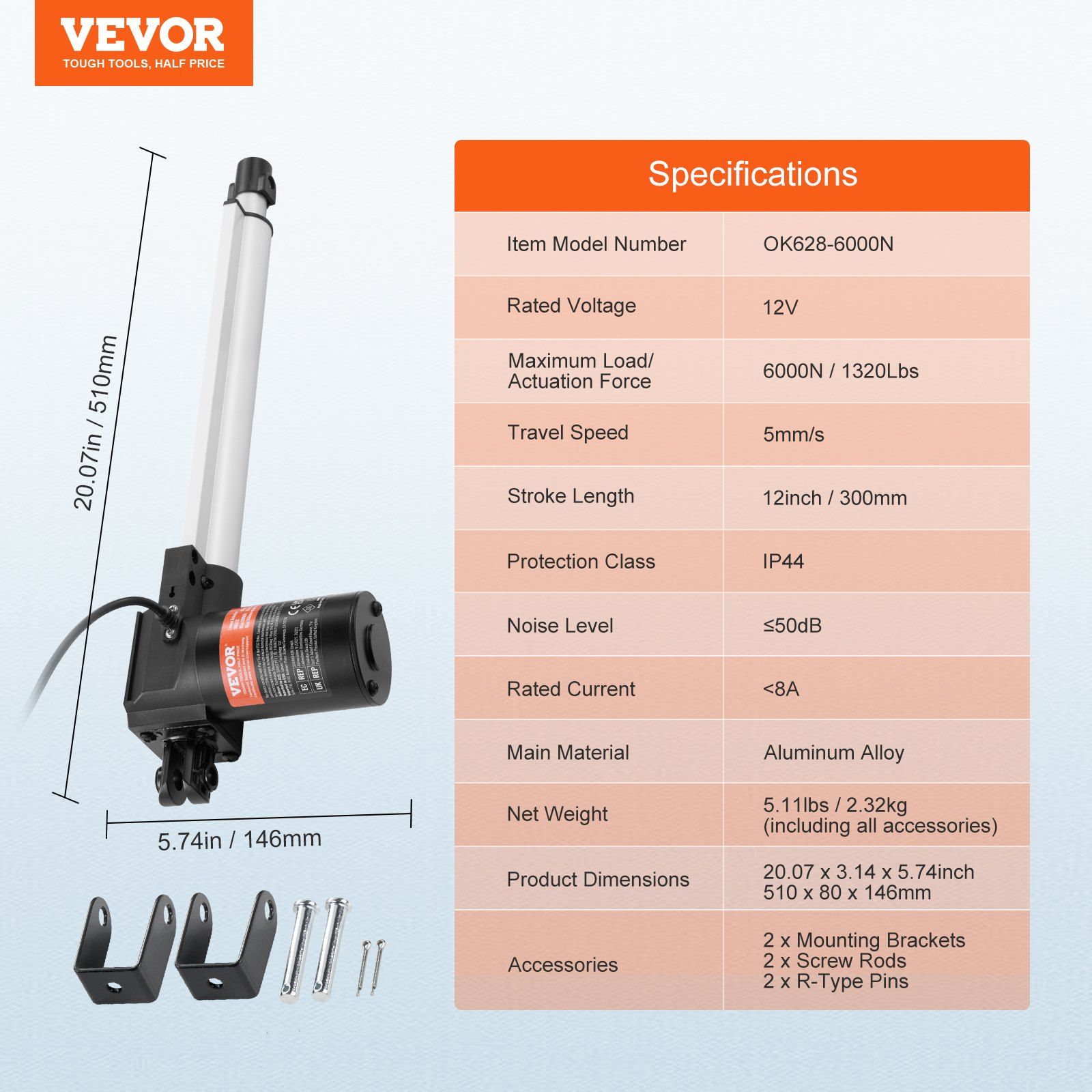 Linear Actuator 12V, 12 Inch Heavy Duty 1320lbs/6000N Linear Actuator, 0.19