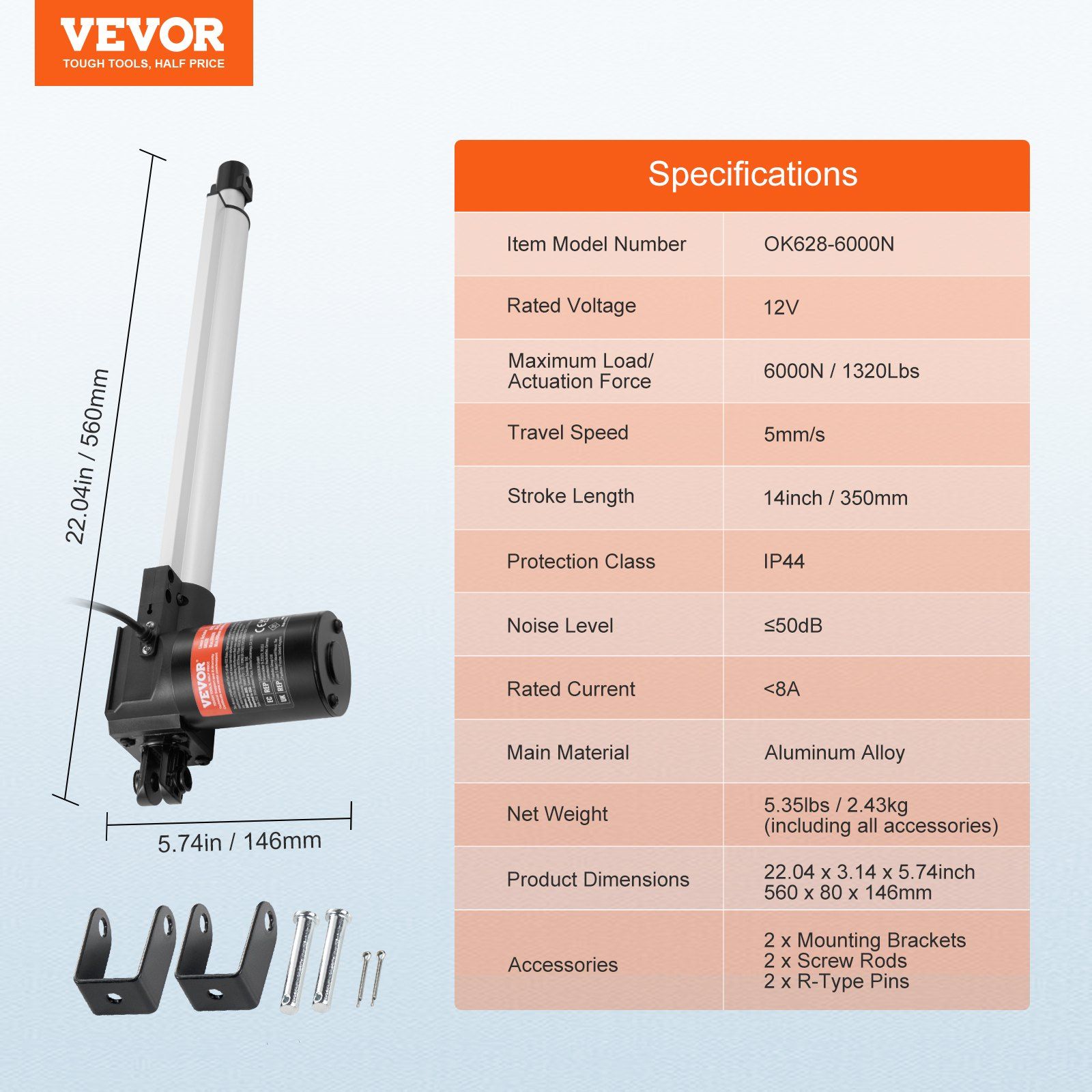 Linear Actuator 12V, 14 Inch Heavy Duty 1320lbs/6000N Linear Actuator, 0.19