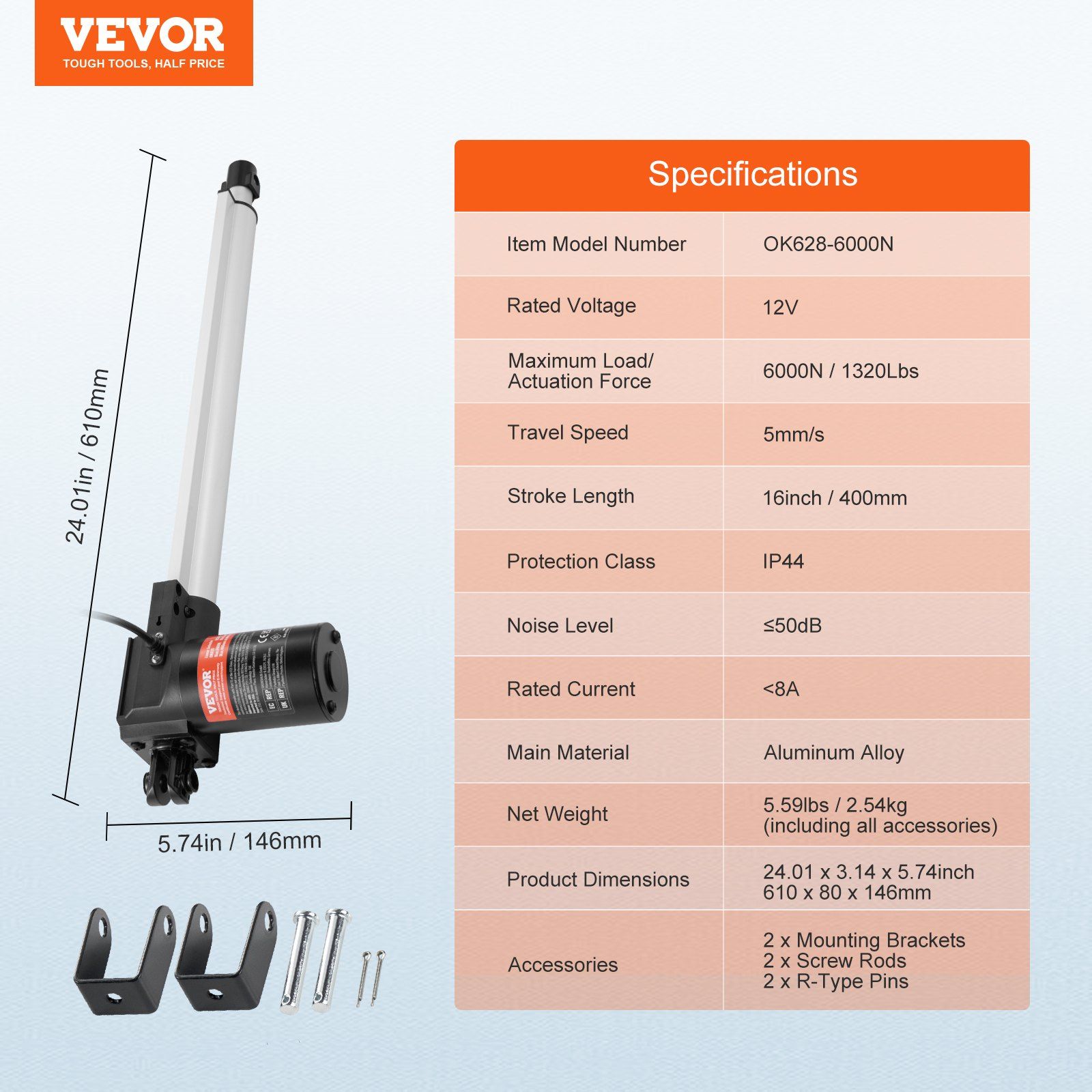 Linear Actuator 12V, 16 Inch Heavy Duty 1320lbs/6000N Linear Actuator, 0.19