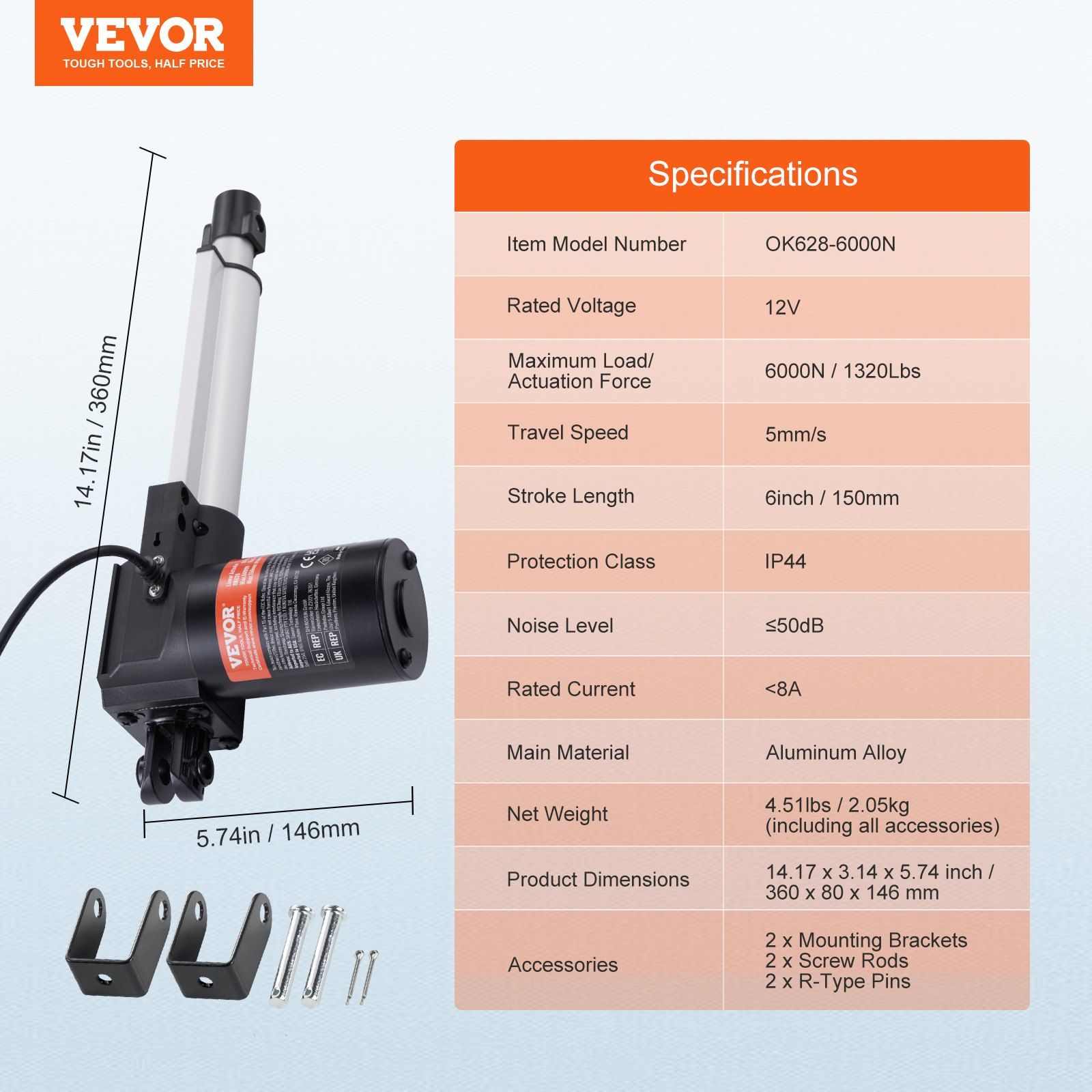 Linear Actuator 12V, 6 Inch Heavy Duty 1320lbs/6000N Linear Actuator, 0.19
