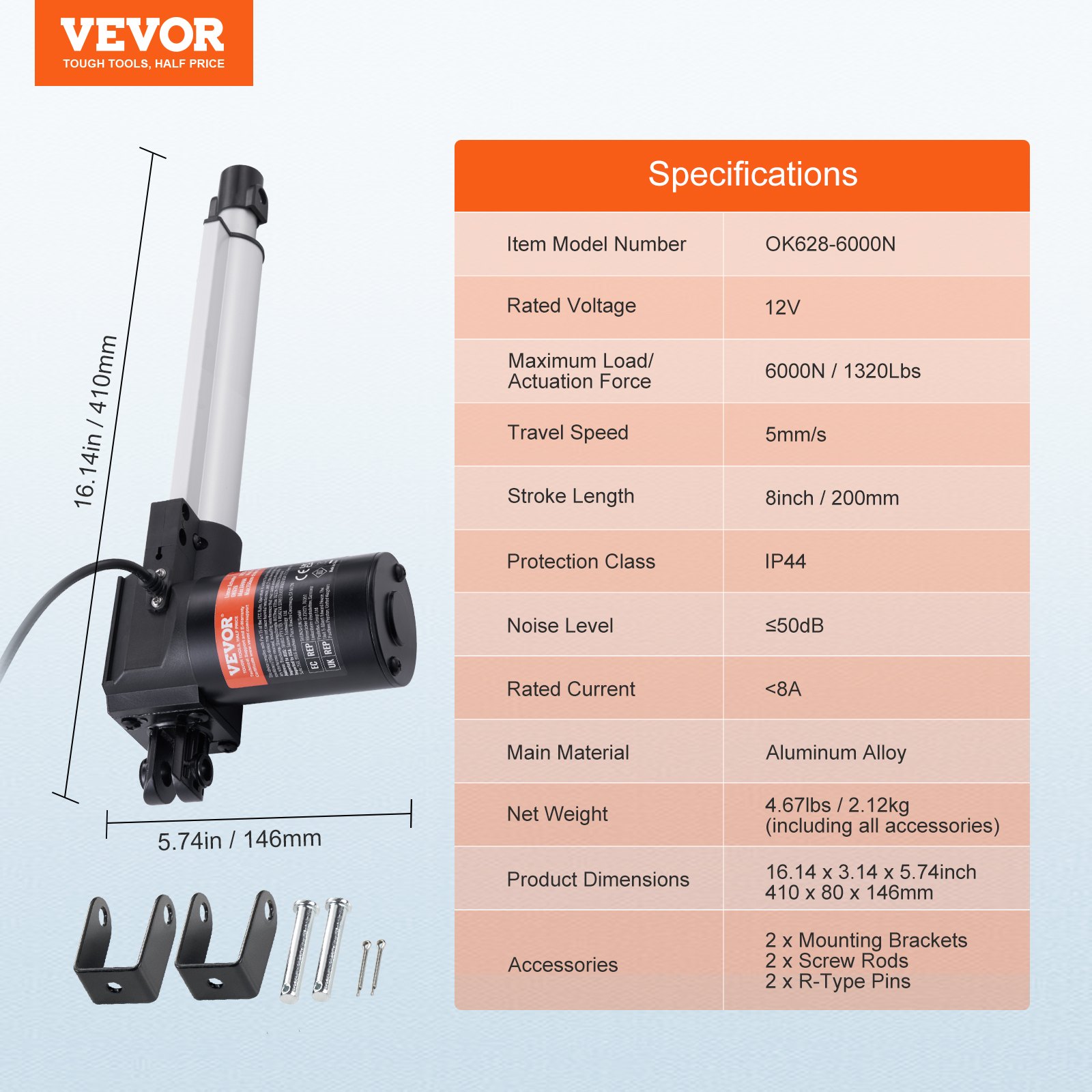 Linear Actuator 12V, 8 Inch Heavy Duty 1320lbs/6000N Linear Actuator, 0.19