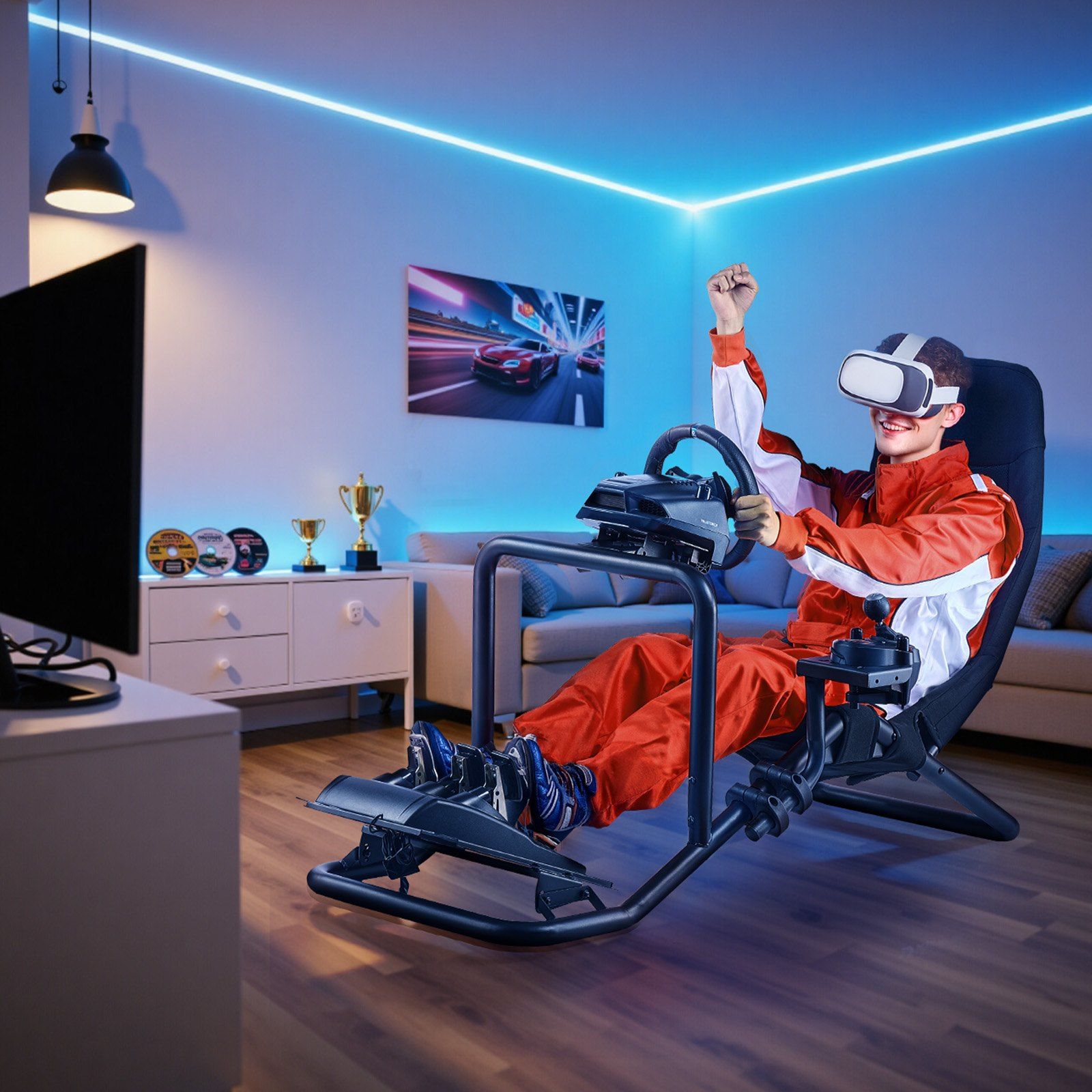 Racing Wheel Stand, Heavy-Duty Integrated Simulator Cockpit Steering Stand, Fit Logitech G25,G27,G29,G920,G923, Thrustmaster T300RS,TX F458,T500RS,T3PA-PRO (F1/GT) and CSR Pedals, Black - Image 8