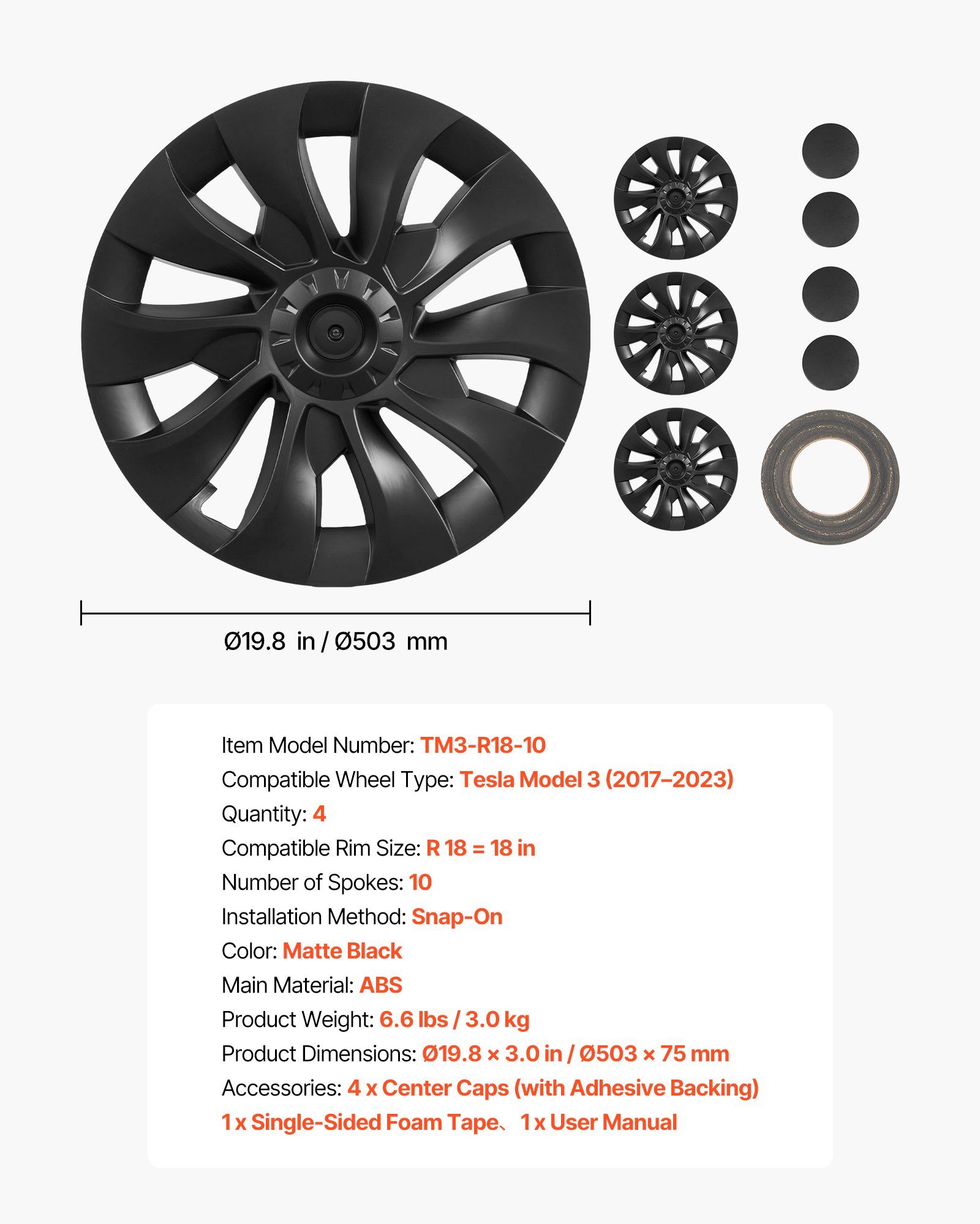 Hubcaps Wheel Covers for 2017-2023 Tesla Model 3, 18 Inch Set of 4 Wheel Rim Cover Hubcaps OEM Style Replacement, R18 Size Snap On Car Hub Caps, Premium 10-Spoke ABS Tire Rim Caps, Matte Black - Image 7
