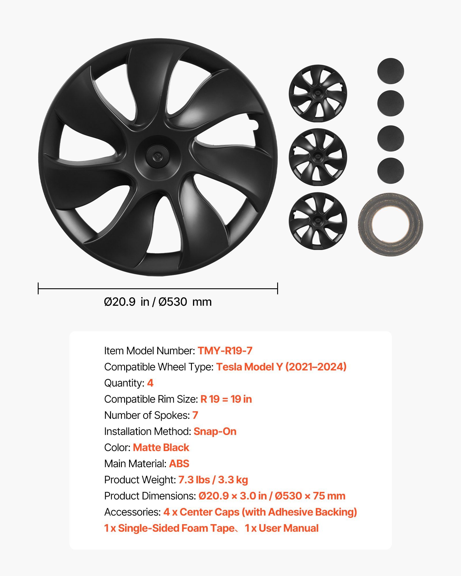 Hubcaps Wheel Covers for 2021-2024 Tesla Model Y, 19 Inch Set of 4 Wheel Rim Cover Hubcaps OEM Style Replacement, R19 Size Snap On Car Hub Caps, Premium 7-Spoke ABS Tire Rim Caps, Matte Black - Image 7