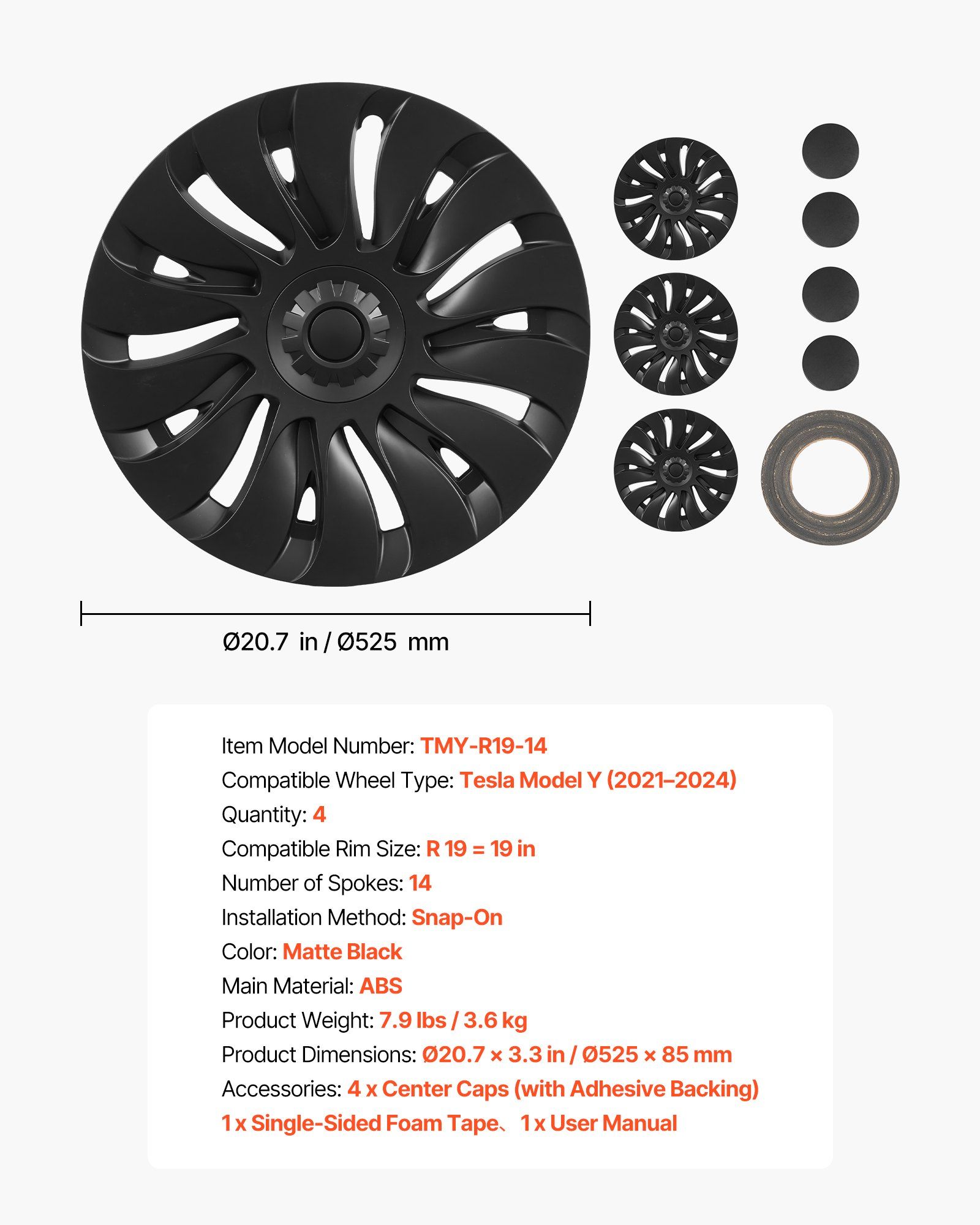 Hubcaps Wheel Covers for 2021-2024 Tesla Model Y, 19 Inch Set of 4 Wheel Rim Cover Hubcaps OEM Style Replacement, R19 Size Snap On Car Hub Caps, Premium 14-Spoke ABS Tire Rim Caps, Matte Black - Image 7