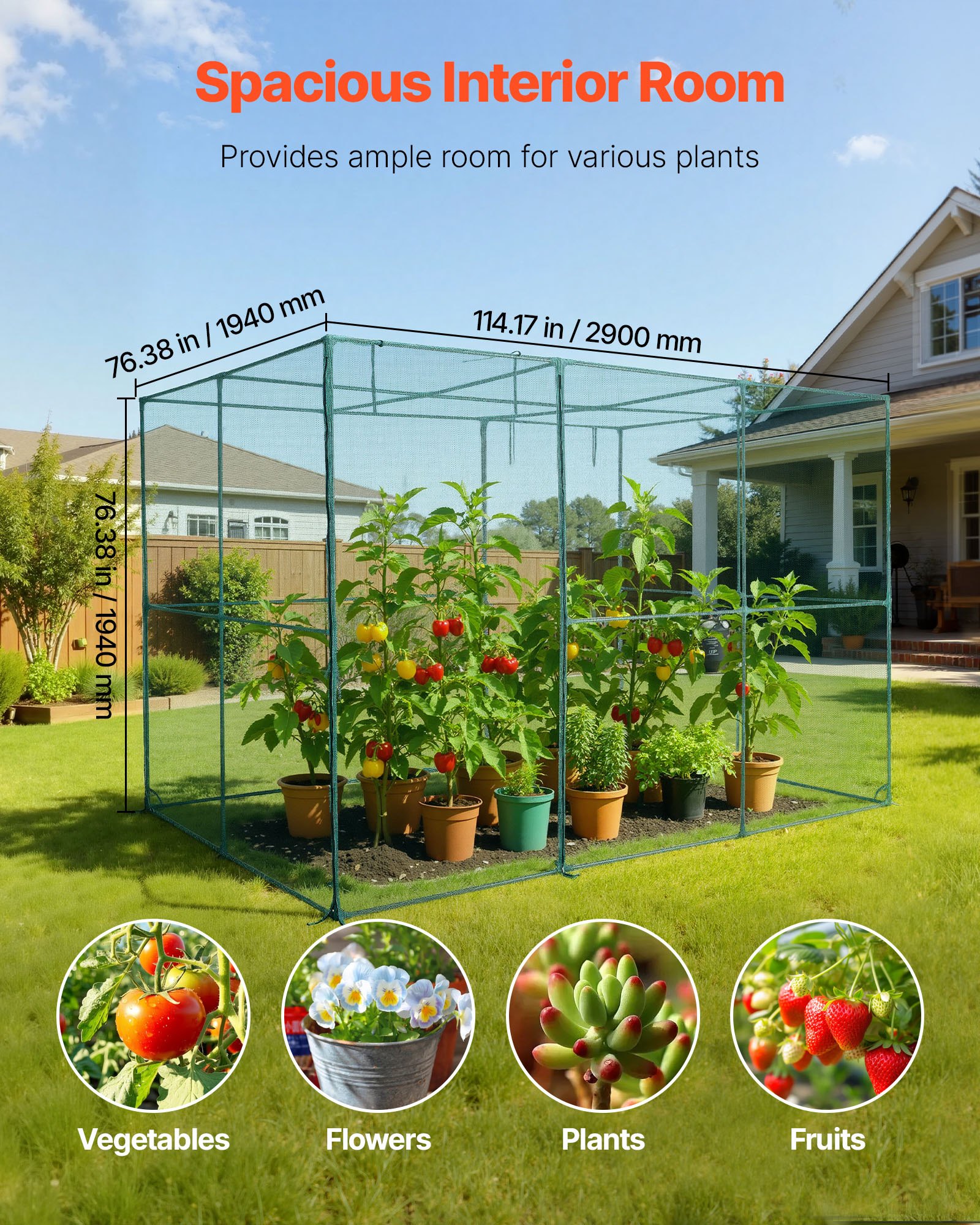 Crop Cage, 2.9 x 1.94 x 1.94 m Plant Protection Tent with Zippered Door, Wind-Resistant Tall Crop Cage, Easy to Install, Outdoor Raised Bed Cover, Tomato Plant Netting for Garden Patio Lawn - Image 2