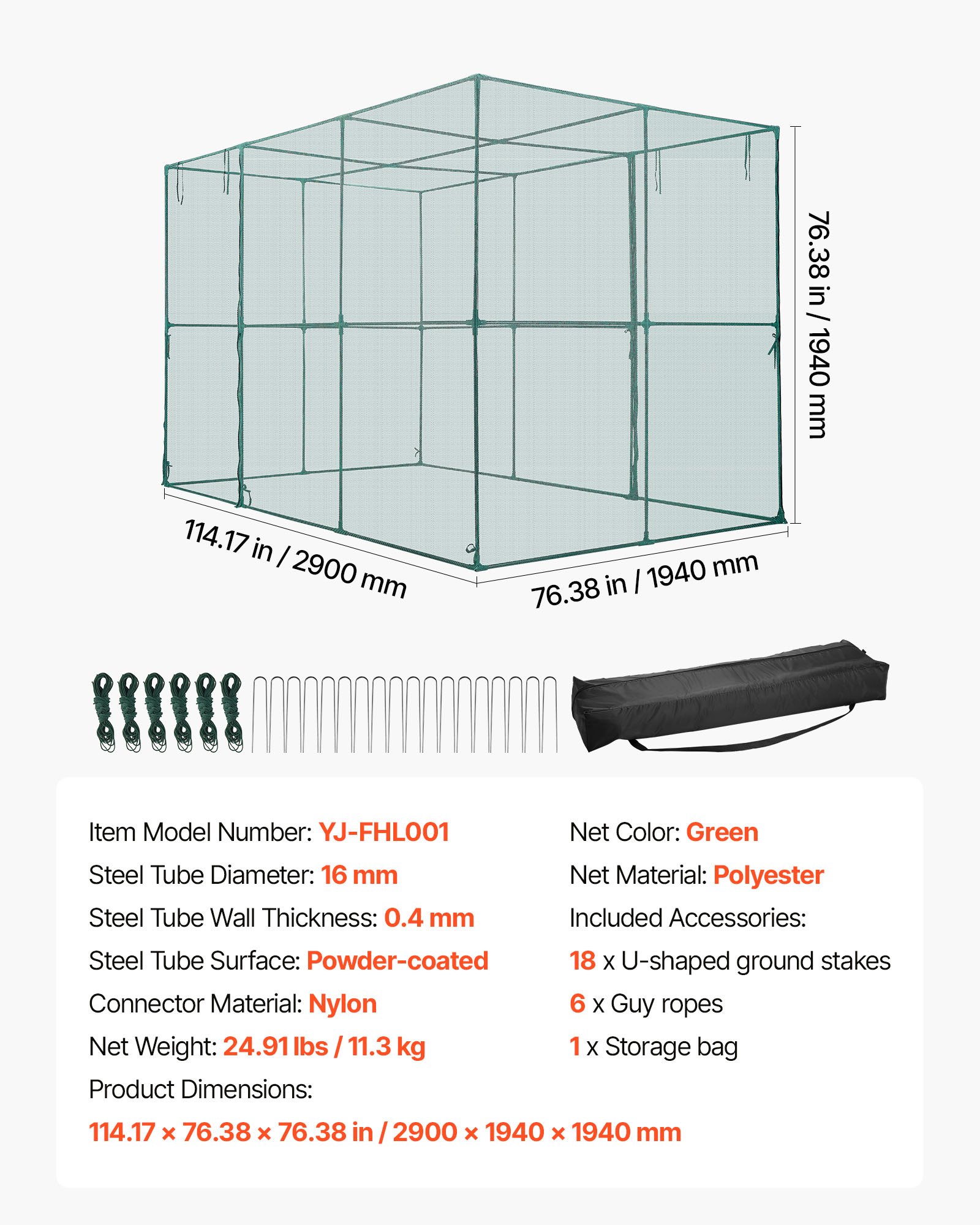 Crop Cage, 2.9 x 1.94 x 1.94 m Plant Protection Tent with Zippered Door, Wind-Resistant Tall Crop Cage, Easy to Install, Outdoor Raised Bed Cover, Tomato Plant Netting for Garden Patio Lawn - Image 7