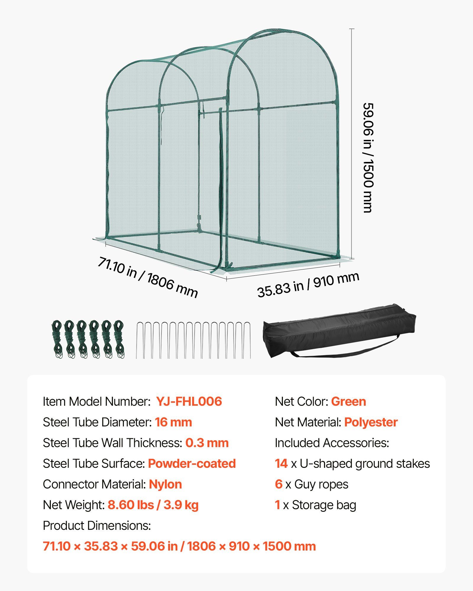 Crop Cage, 1.8 x 0.91 x 1.5 m Plant Protection Tent with Zippered Door, Wind-Resistant Tall Crop Cage, Easy to Install, Outdoor Raised Bed Cover with Frame, Plant Netting for Garden Patio Lawn - Image 7