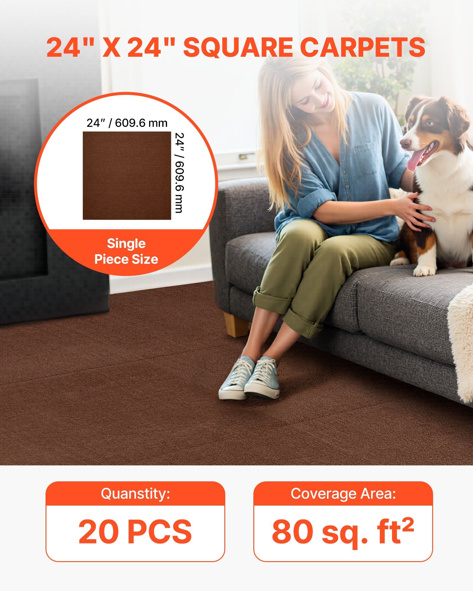 Carpet Tiles 610x610 mm, 20 PCS Peel and Stick Carpet Square Rug, Self Adhesive Commercial Floor Soft Padded for Seamless Cover 7.4㎡, Easy DIY Replacement for Living Room Office, Dark Brown - Image 2