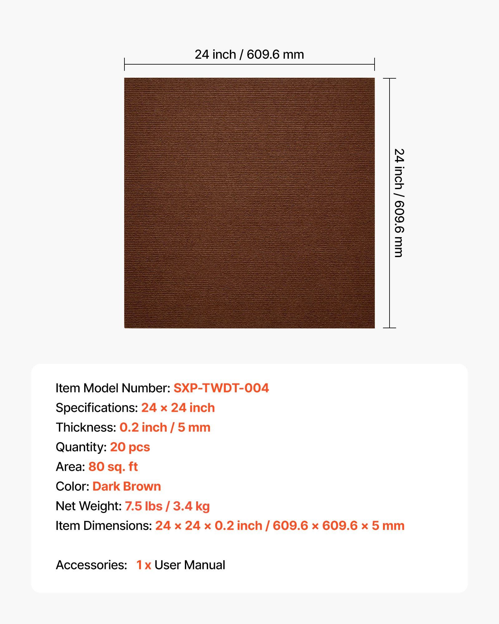 Carpet Tiles 610x610 mm, 20 PCS Peel and Stick Carpet Square Rug, Self Adhesive Commercial Floor Soft Padded for Seamless Cover 7.4㎡, Easy DIY Replacement for Living Room Office, Dark Brown - Image 7